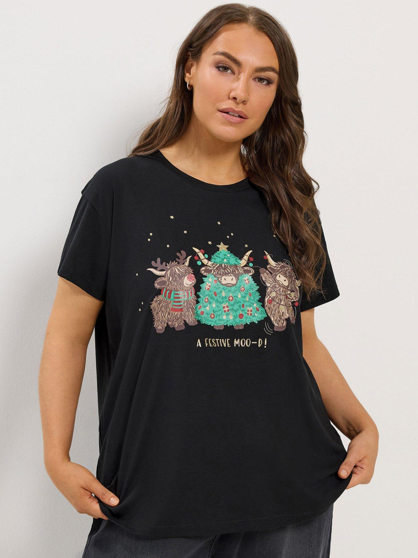 Image 1 of 4 of Yours Womens Plus Size Highland Cow Festive Graphic T-Shirt - Black