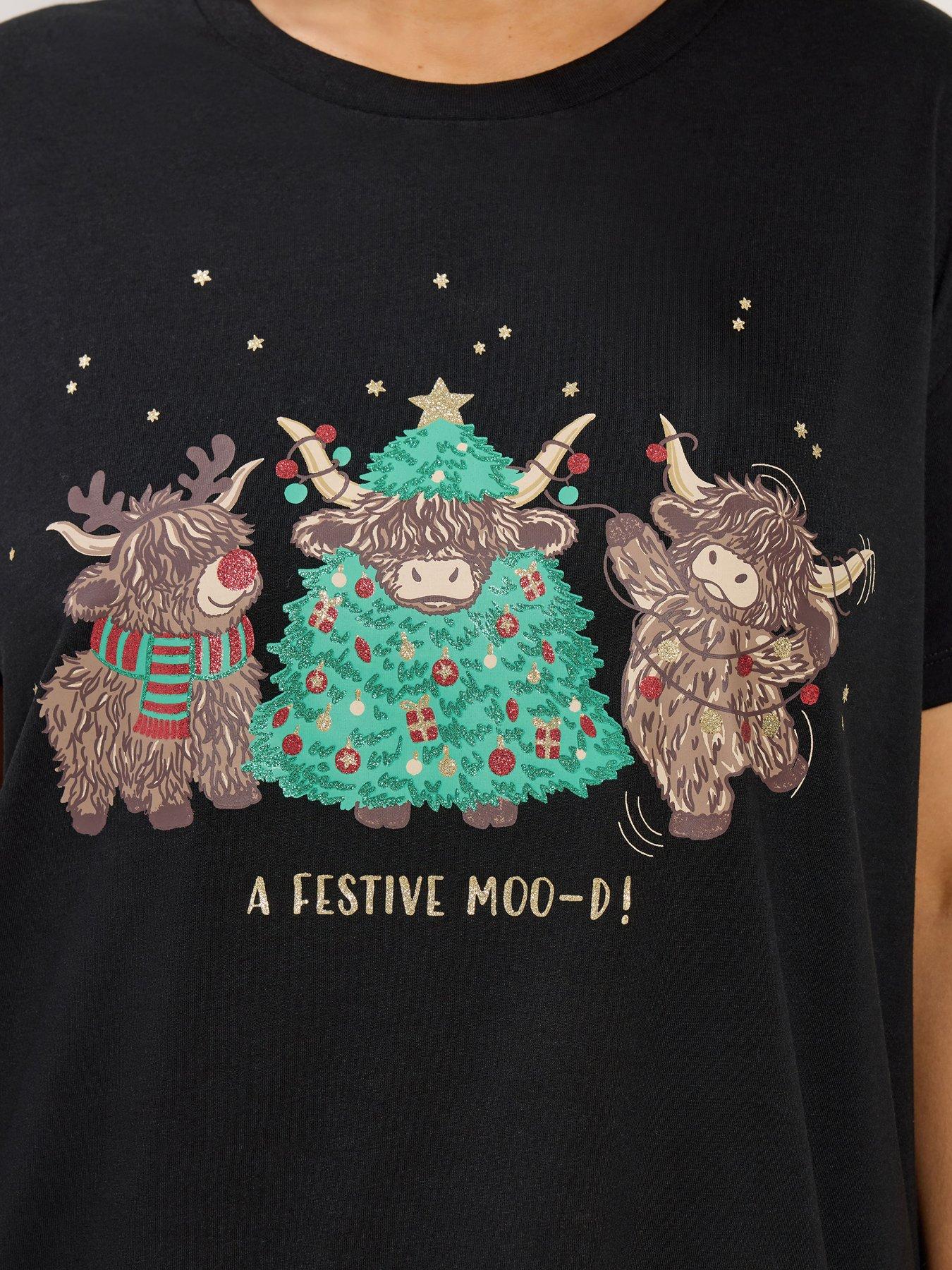 Image 4 of 4 of Yours Womens Plus Size Highland Cow Festive Graphic T-Shirt - Black