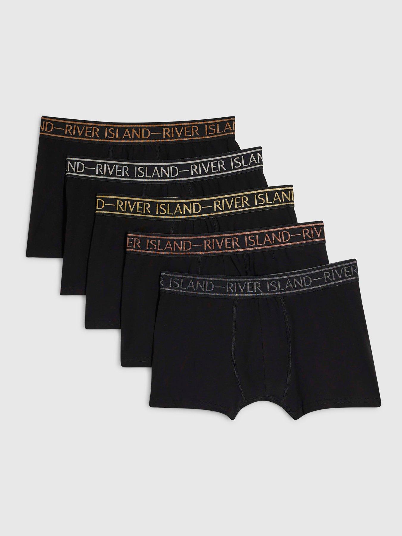 Image 1 of 4 of River Island Mens 5 Pack Metallic-Tipped Branded Waistband Trunks - Black
