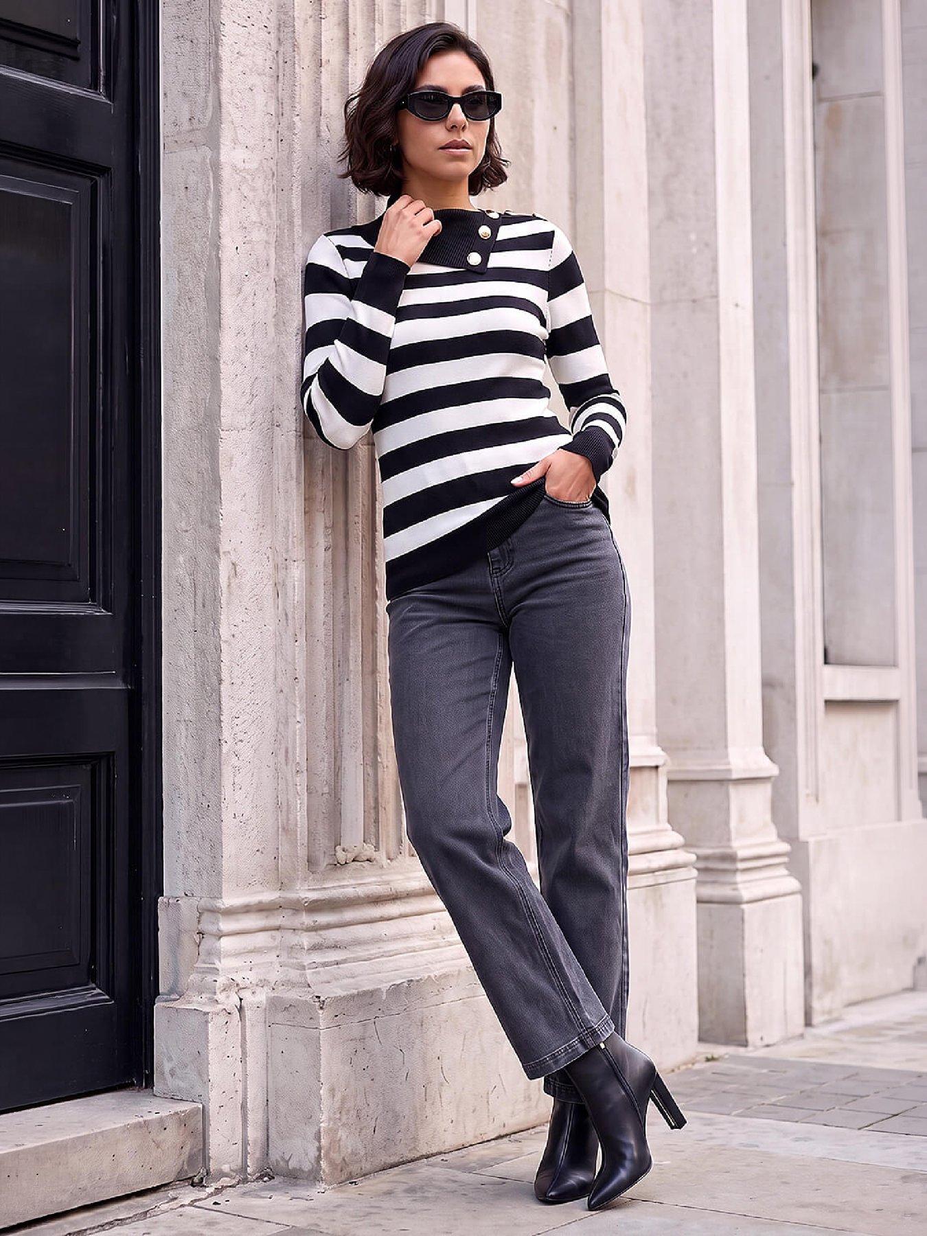 Image 3 of 4 of Roman Womens Striped Silver Button Jumper - Black