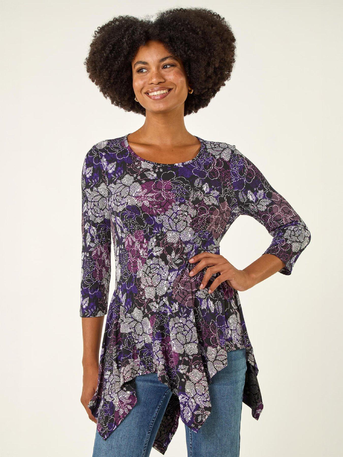 Image 1 of 4 of Roman Womens Floral Puff Print Hanky Hem Top - Purple