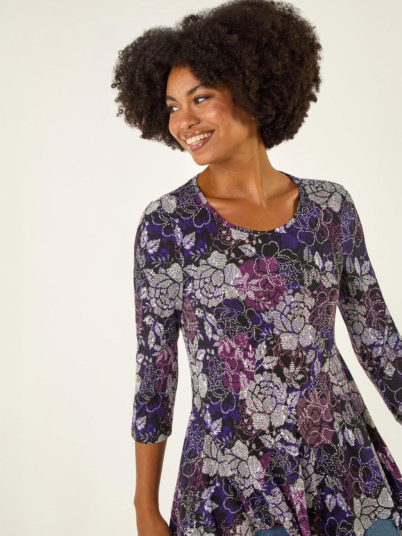 Image 2 of 4 of Roman Womens Floral Puff Print Hanky Hem Top - Purple