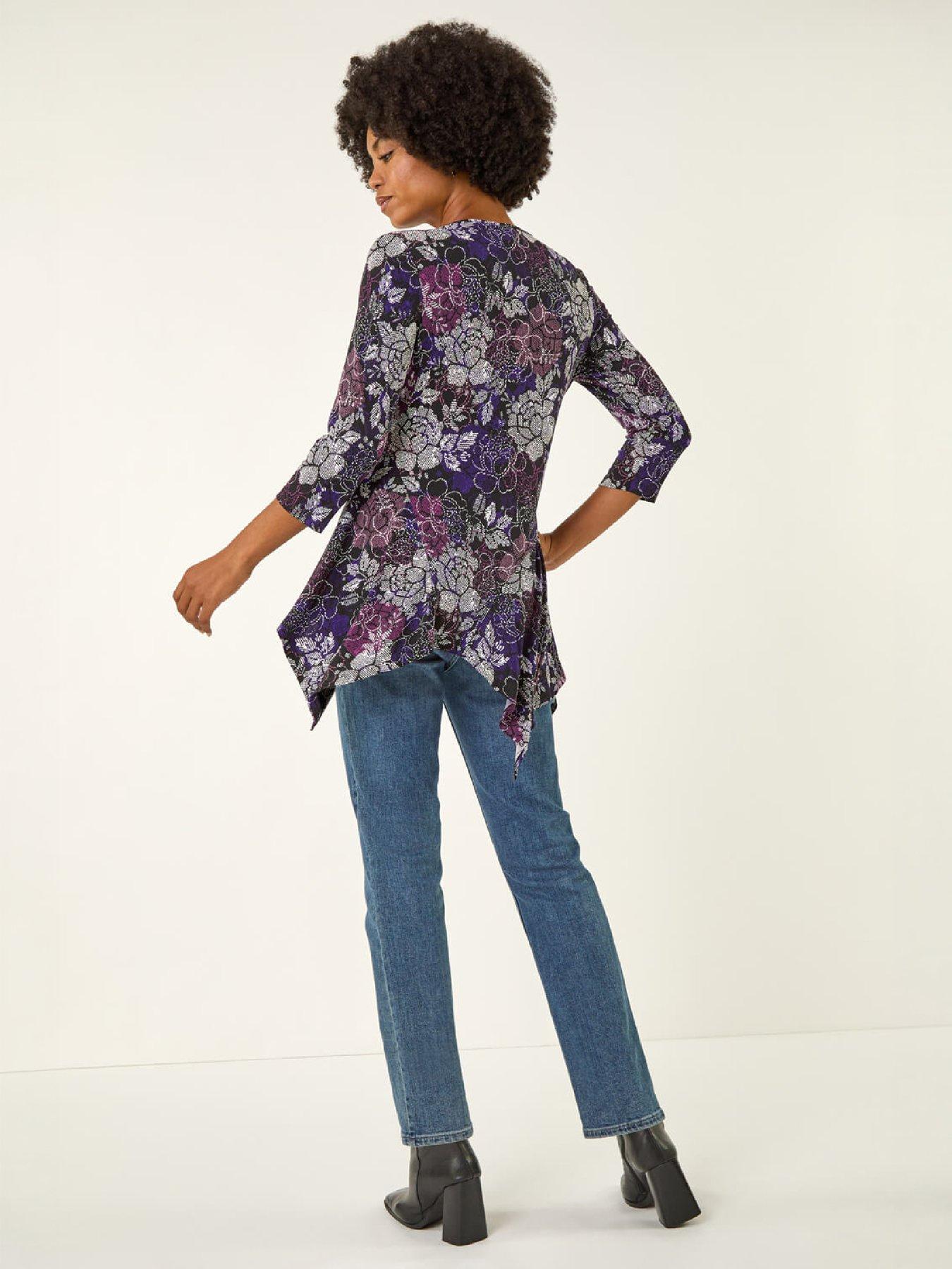 Image 3 of 4 of Roman Womens Floral Puff Print Hanky Hem Top - Purple