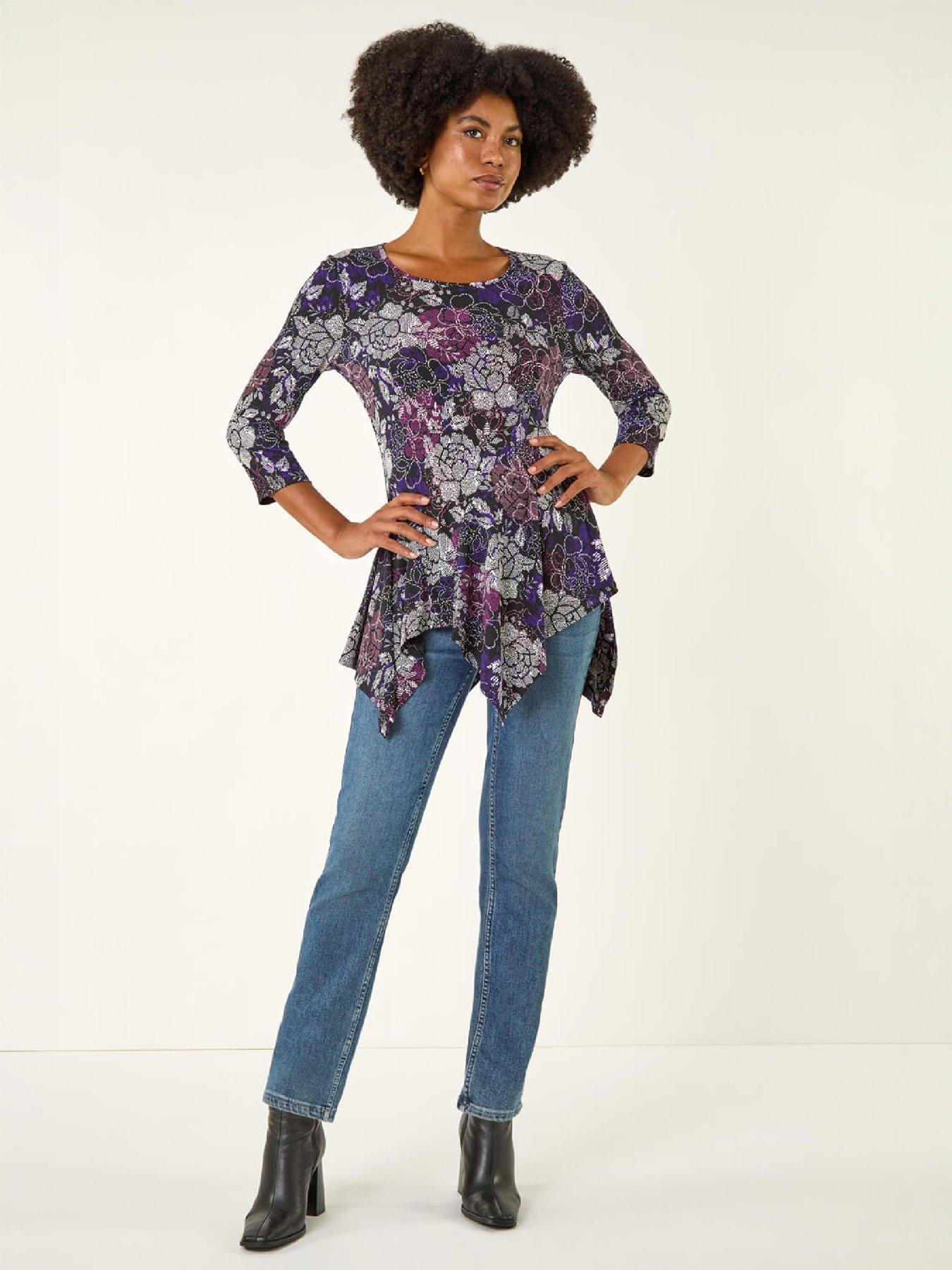 Image 4 of 4 of Roman Womens Floral Puff Print Hanky Hem Top - Purple