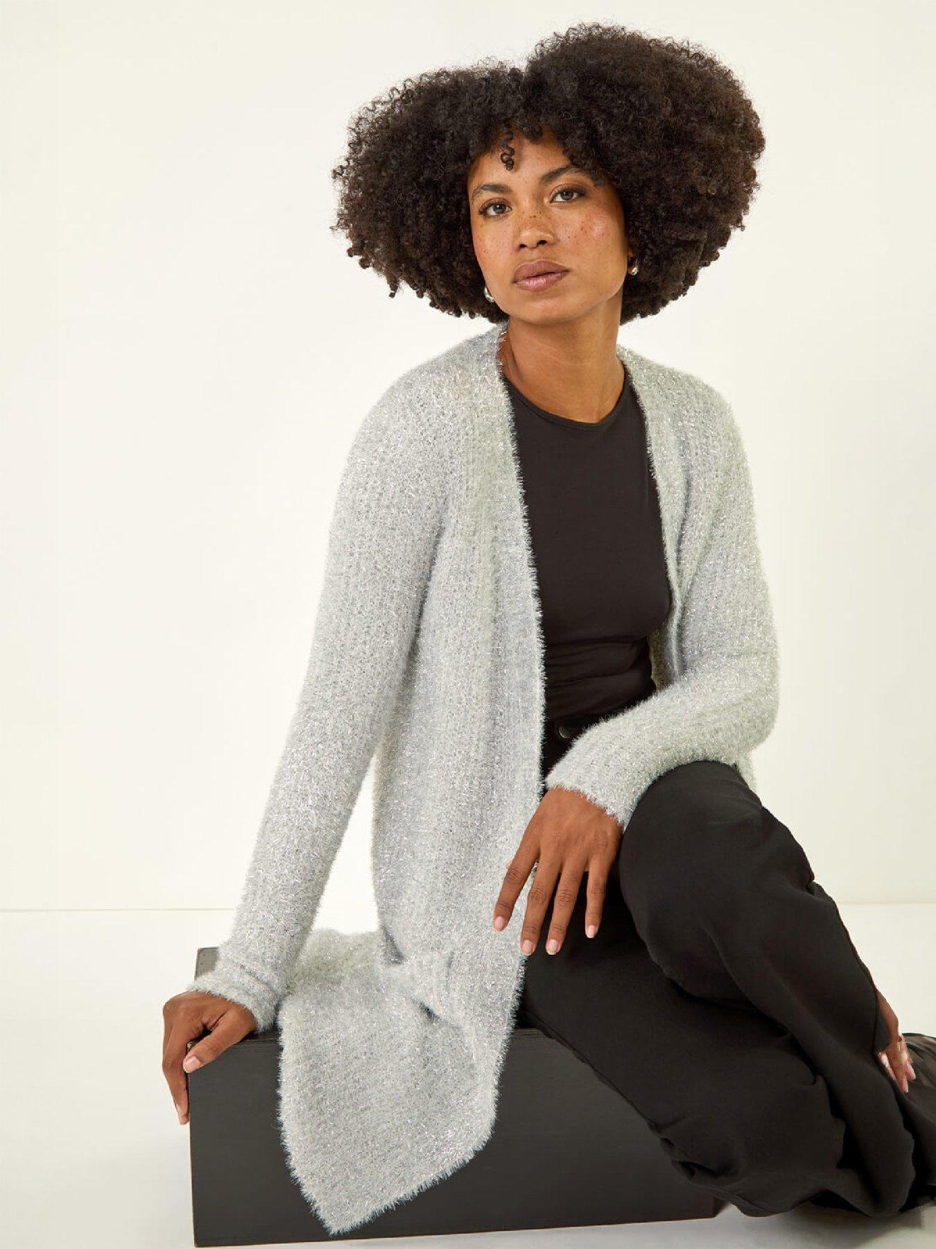 Image 1 of 4 of Roman Womens Metallic Longline Knit Cardigan - Silver
