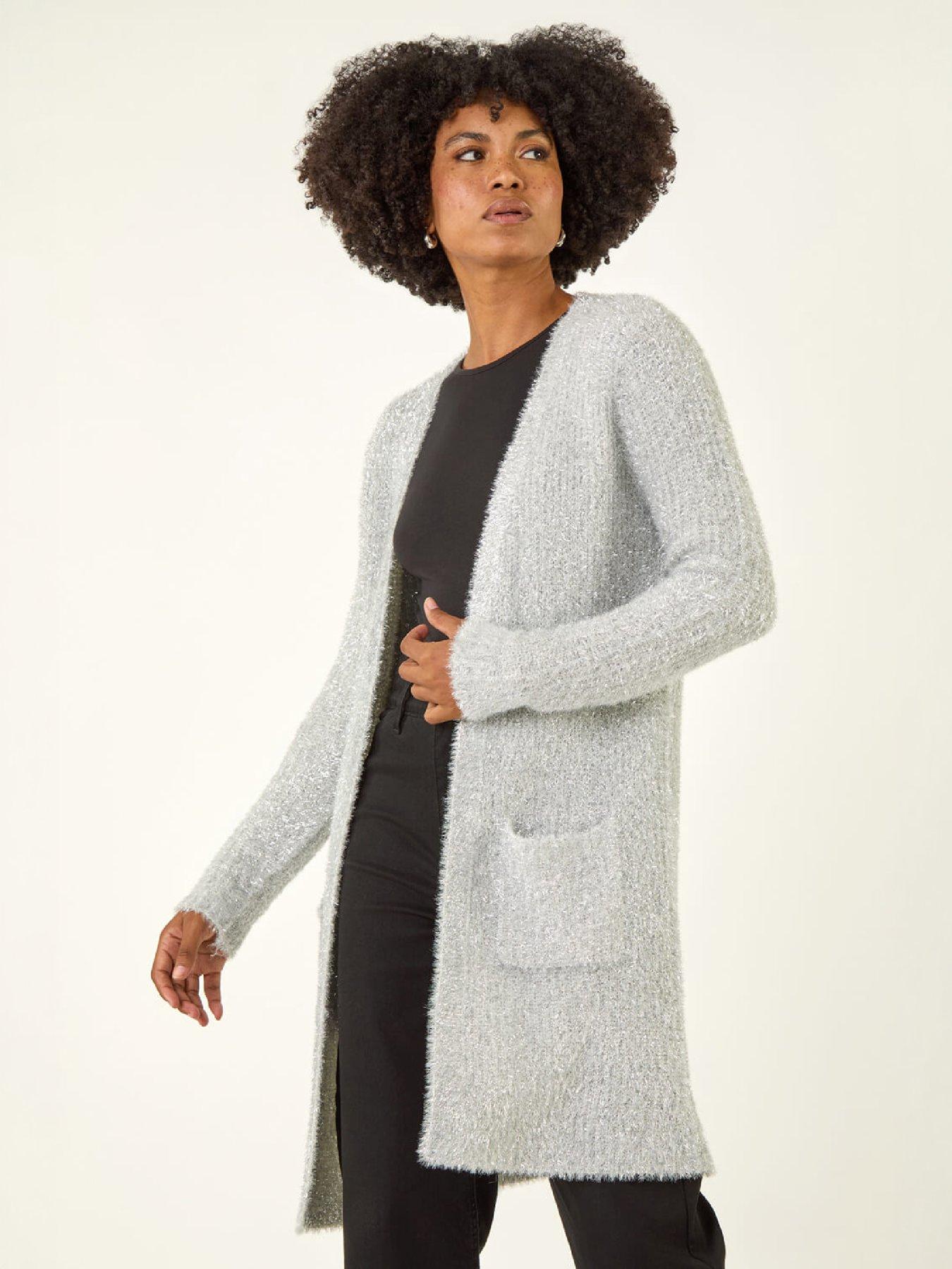 Image 2 of 4 of Roman Womens Metallic Longline Knit Cardigan - Silver