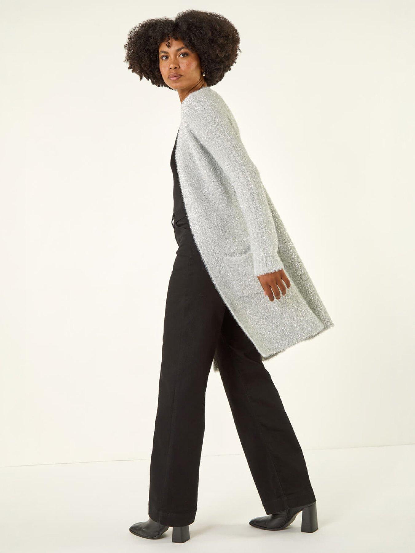 Image 3 of 4 of Roman Womens Metallic Longline Knit Cardigan - Silver