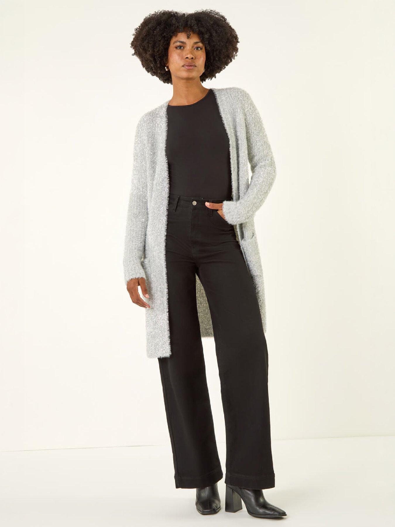 Image 4 of 4 of Roman Womens Metallic Longline Knit Cardigan - Silver