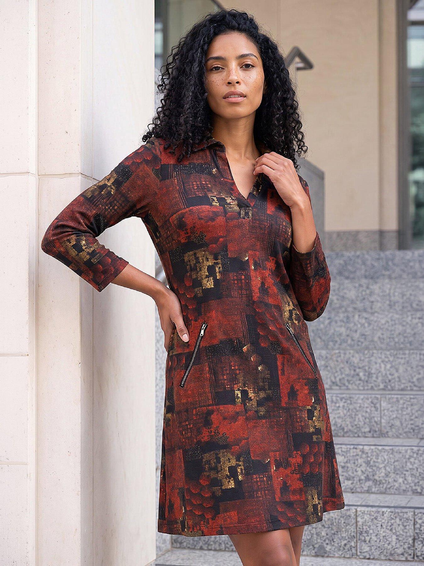 Image 1 of 4 of Roman Womens Patchwork Print V-Neck Shift Dress - Orange