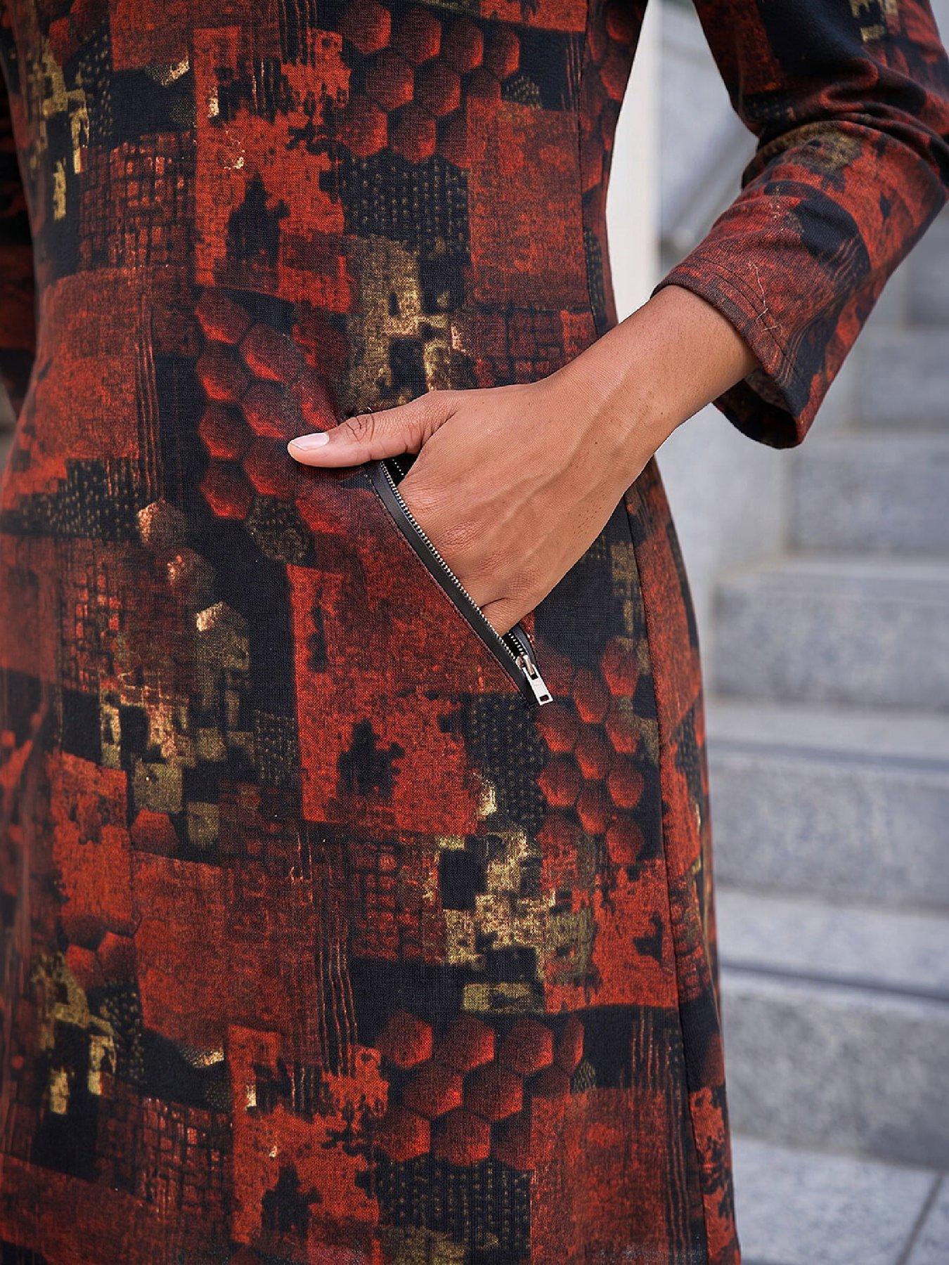Image 2 of 4 of Roman Womens Patchwork Print V-Neck Shift Dress - Orange