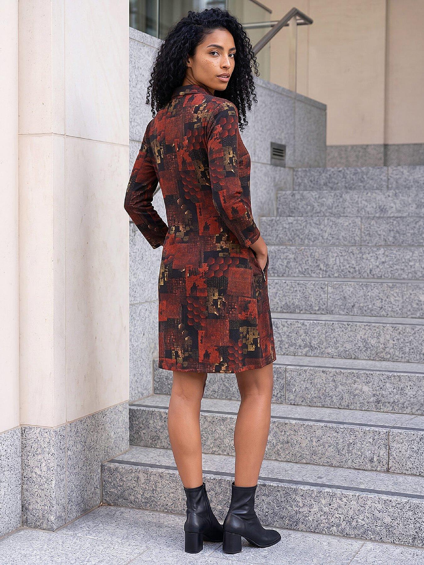 Image 3 of 4 of Roman Womens Patchwork Print V-Neck Shift Dress - Orange