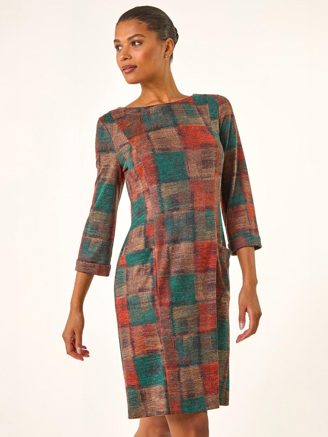 Image 1 of 4 of Roman Womens Patchwork Print Shift Pocket Dress - Orange