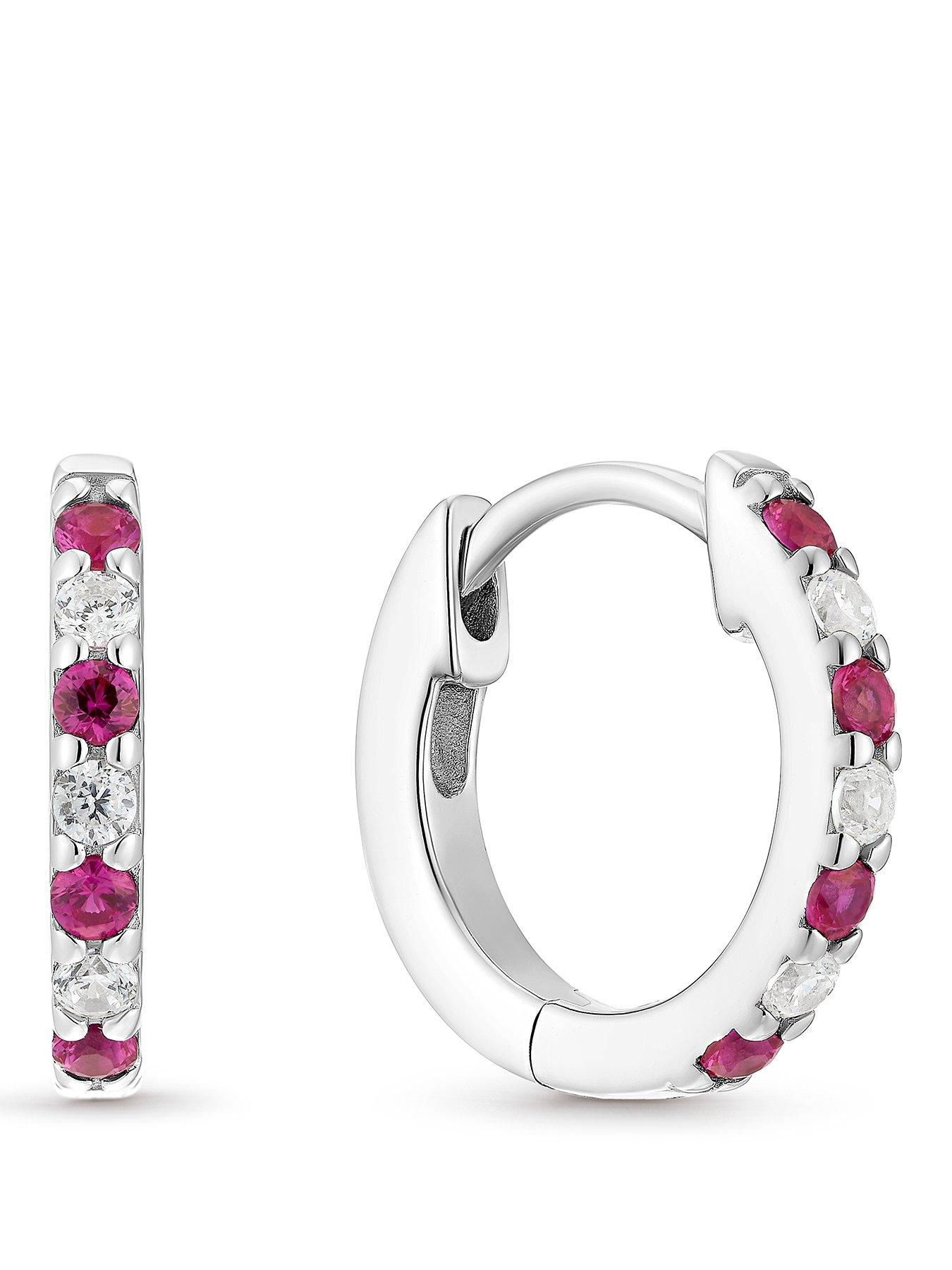 Image 1 of 2 of Ernest Jones Sterling Silver Cubic Zirconia & Created Ruby Huggie Hoop Earrings