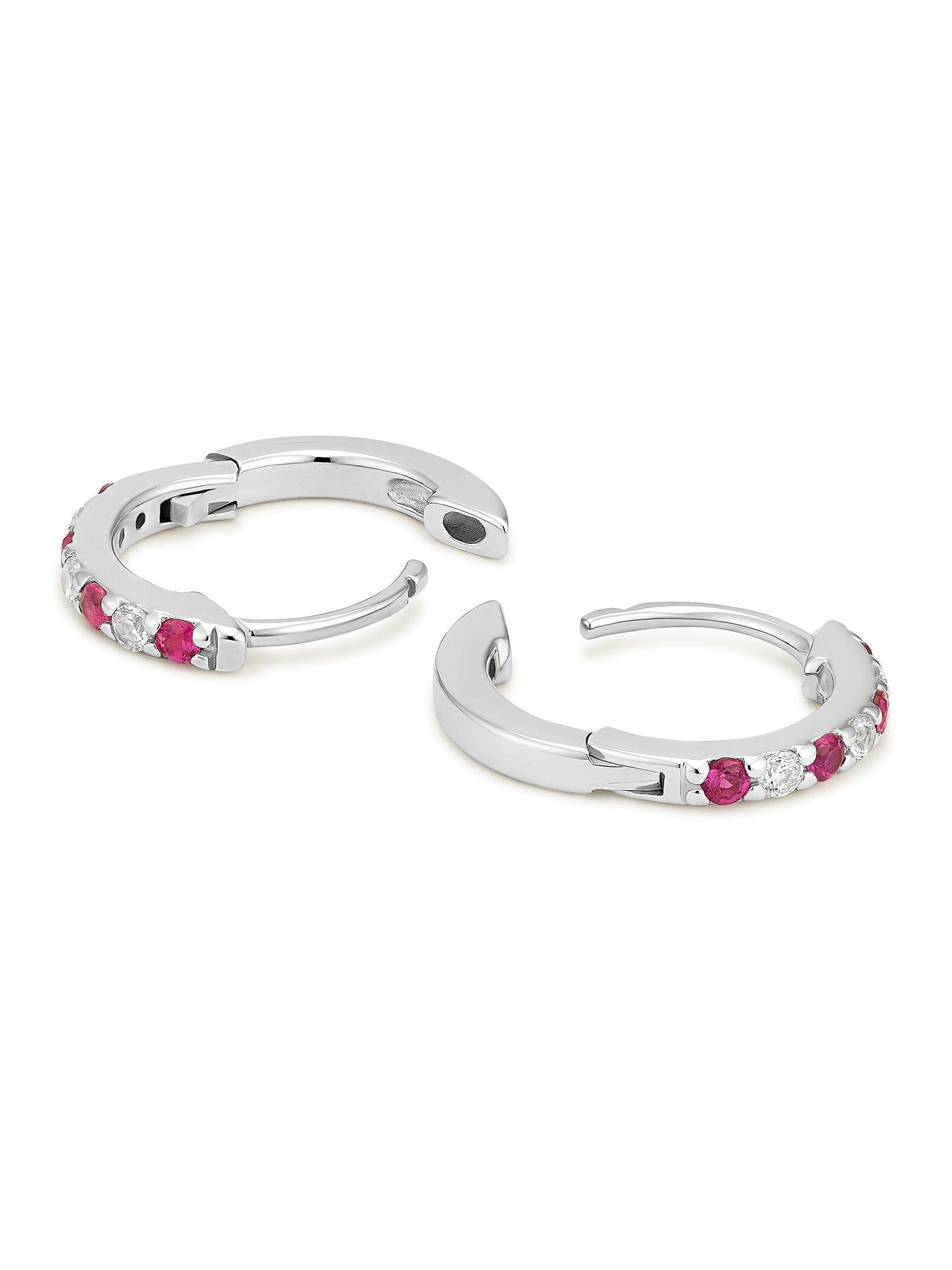 Image 2 of 2 of Ernest Jones Sterling Silver Cubic Zirconia & Created Ruby Huggie Hoop Earrings