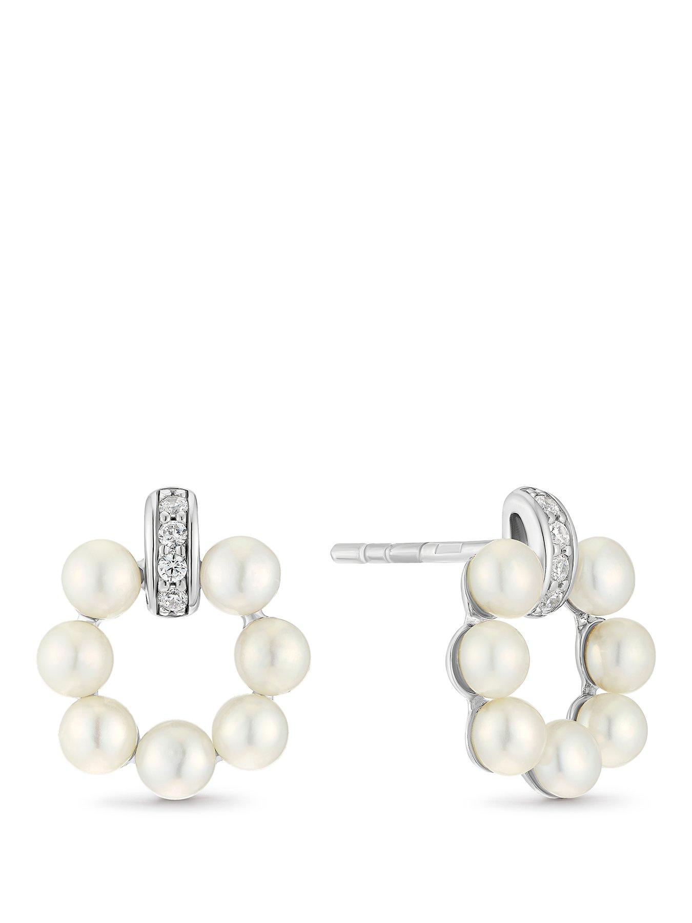 Image 1 of 2 of Ernest Jones Sterling Silver Circle Cultured Freshwater Pearl Cubic Zirconia Stud Earrings