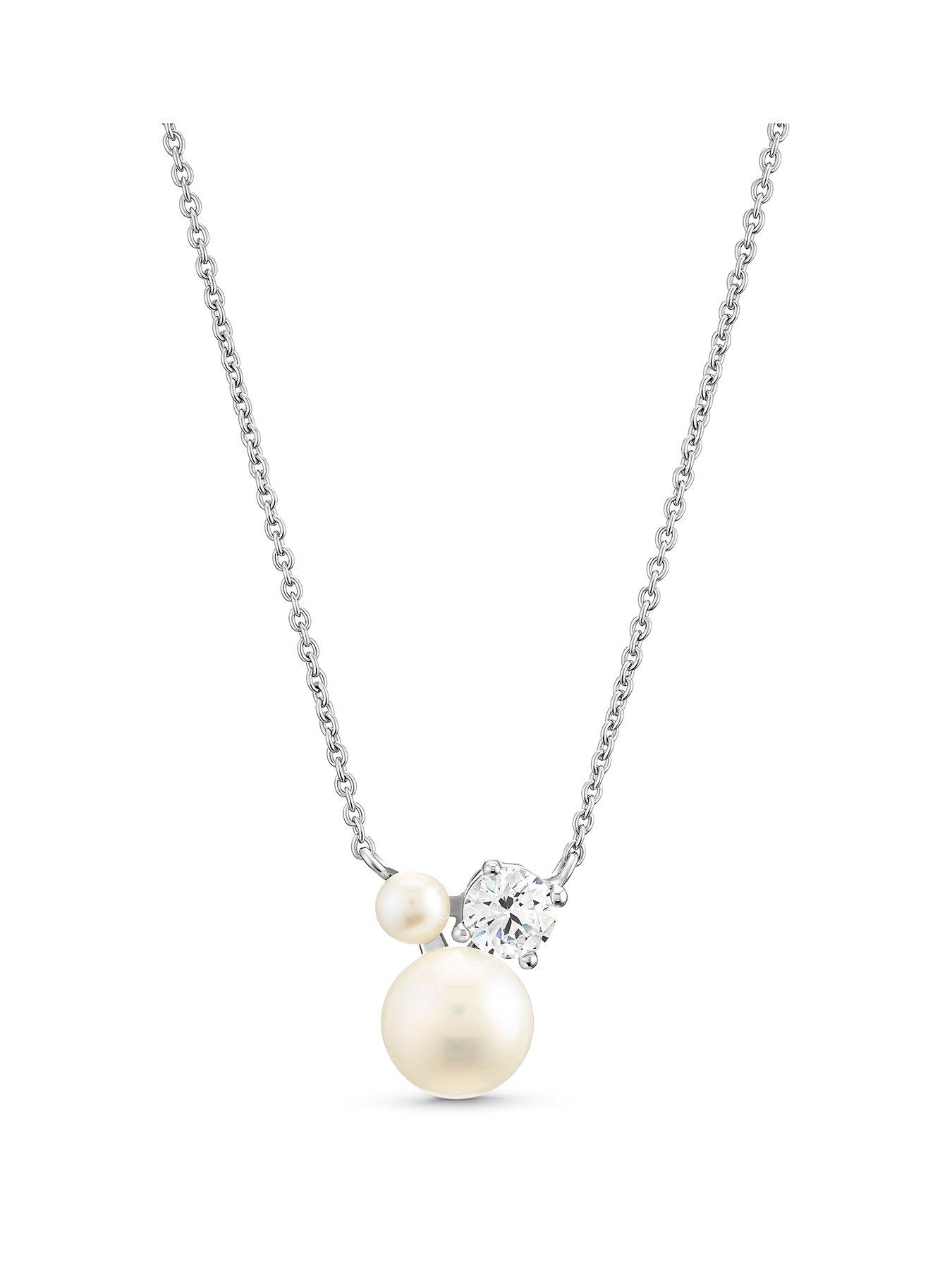 Image 1 of 3 of Ernest Jones Sterling Silver Cultured Freshwater Pearl Cubic Zirconia Trilogy Necklace