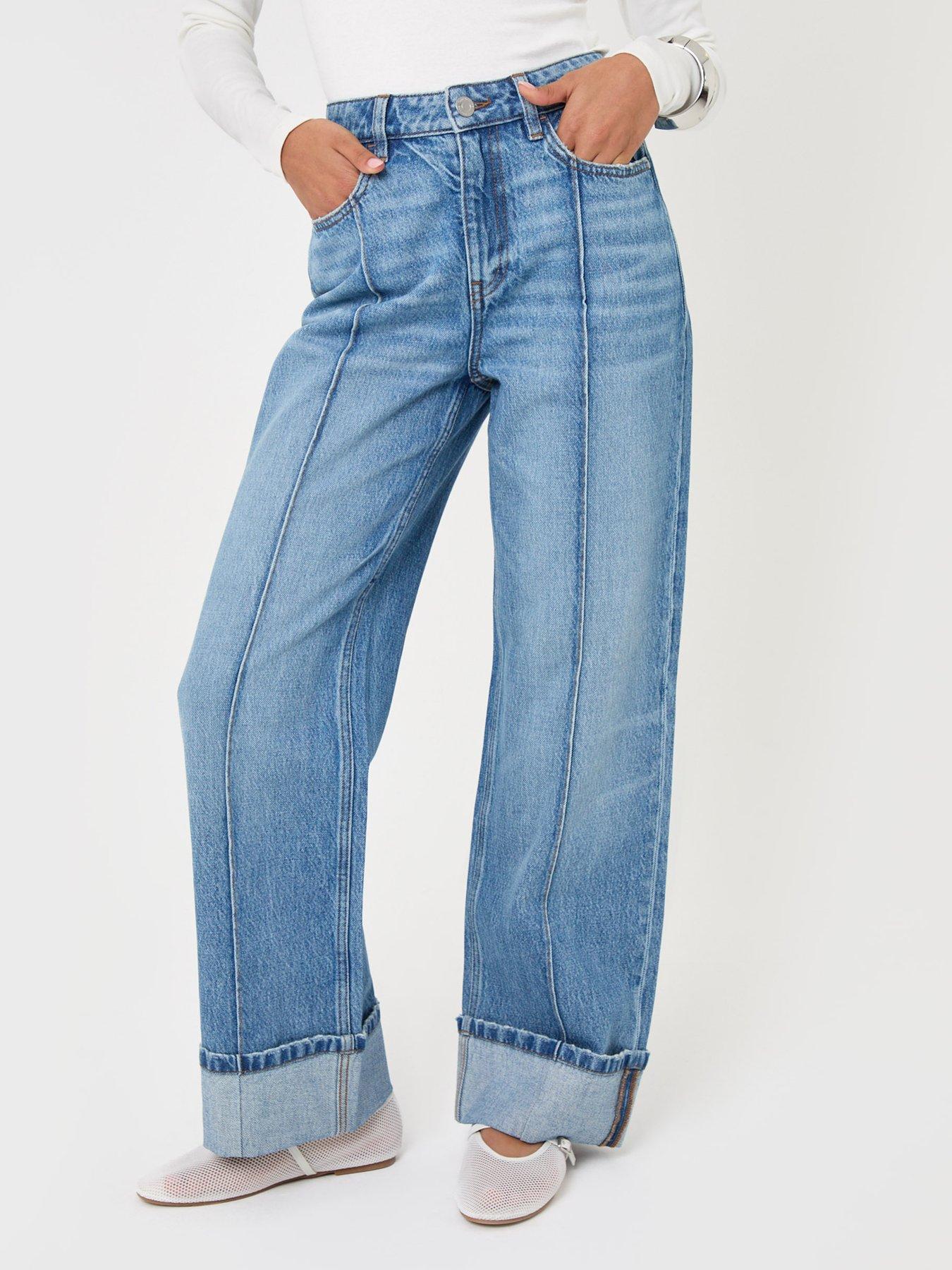 Image 1 of 4 of Threadbare Womens Wide Leg Turn Up High Rise Jeans - Blue