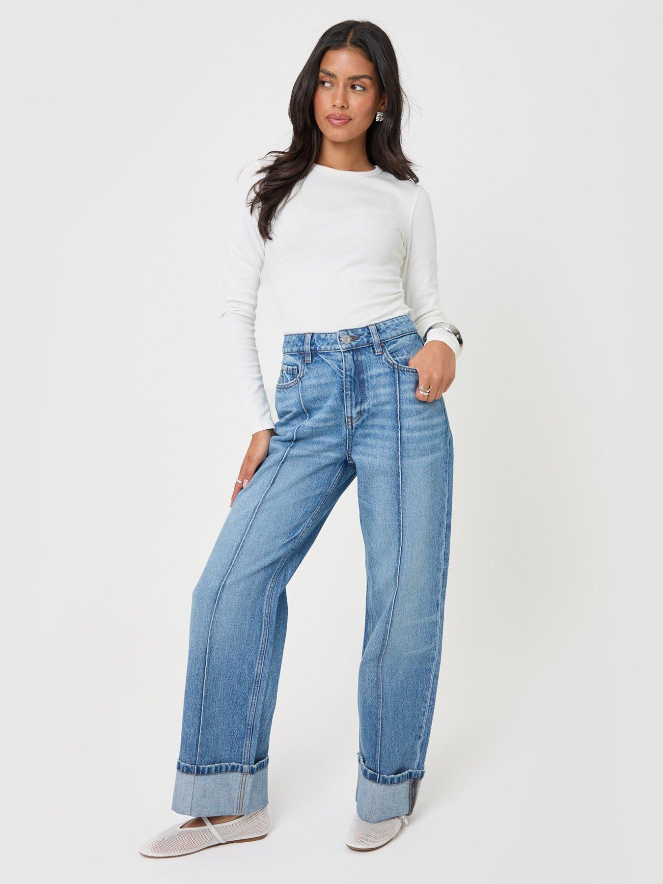 Image 3 of 4 of Threadbare Womens Wide Leg Turn Up High Rise Jeans - Blue
