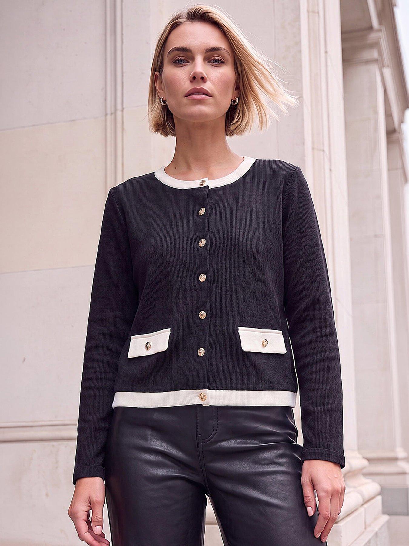 Image 1 of 4 of Roman Womens Contrast Rib Button-Through Cardigan - Black