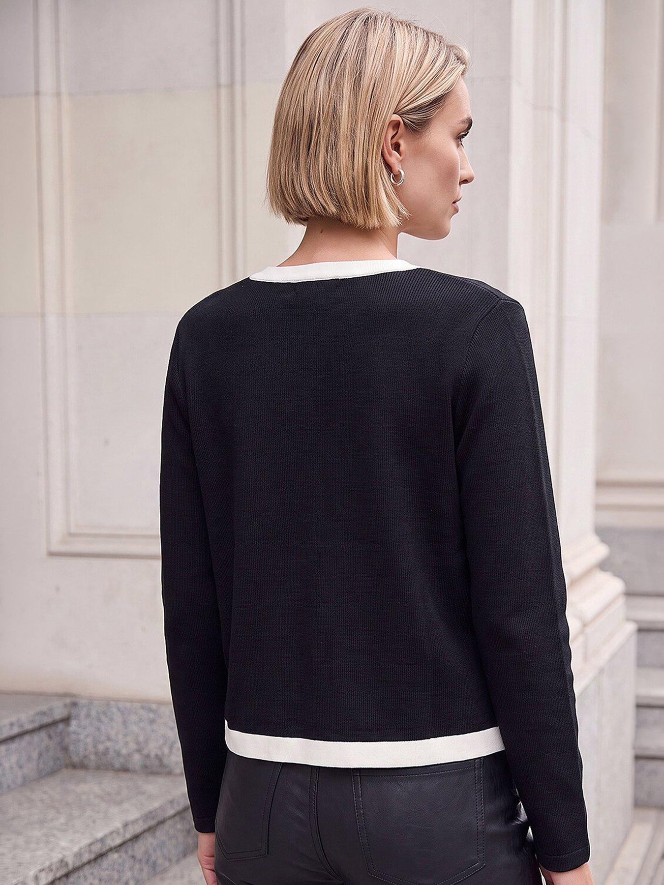Image 2 of 4 of Roman Womens Contrast Rib Button-Through Cardigan - Black