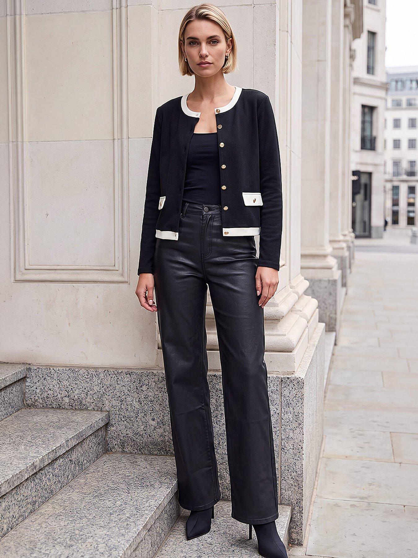 Image 3 of 4 of Roman Womens Contrast Rib Button-Through Cardigan - Black