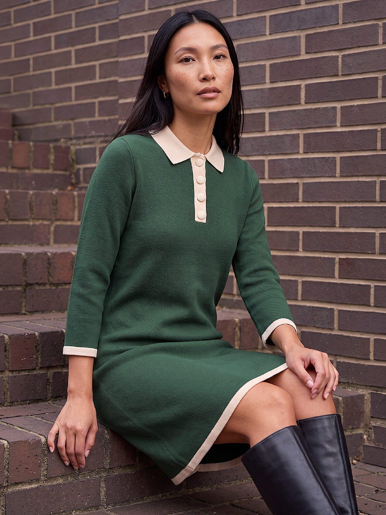Image 1 of 4 of Roman Womens Contrast Collar Button Knitted Dress - Green