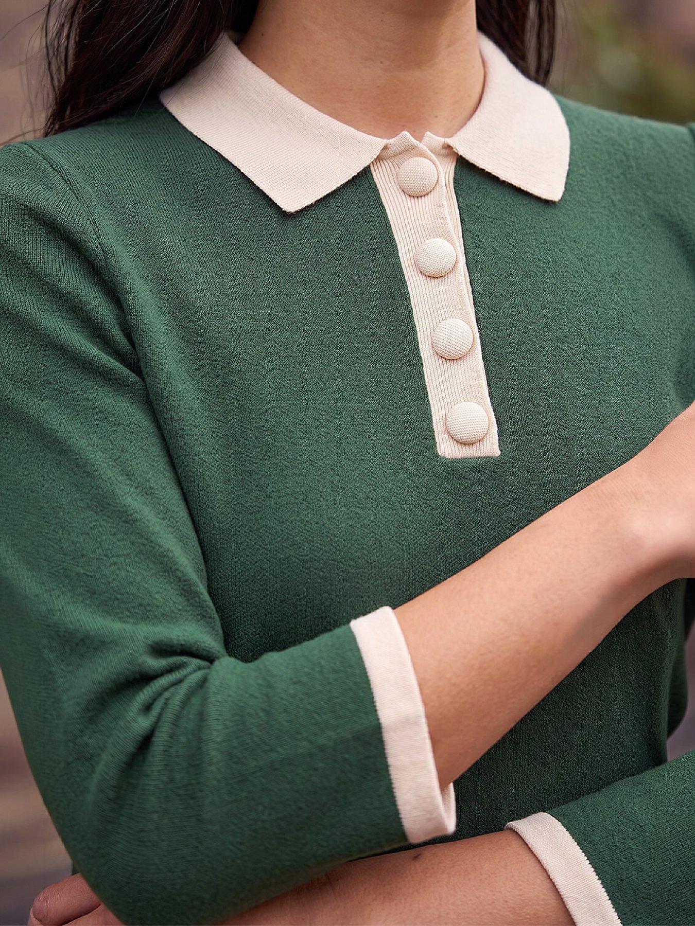 Image 2 of 4 of Roman Womens Contrast Collar Button Knitted Dress - Green