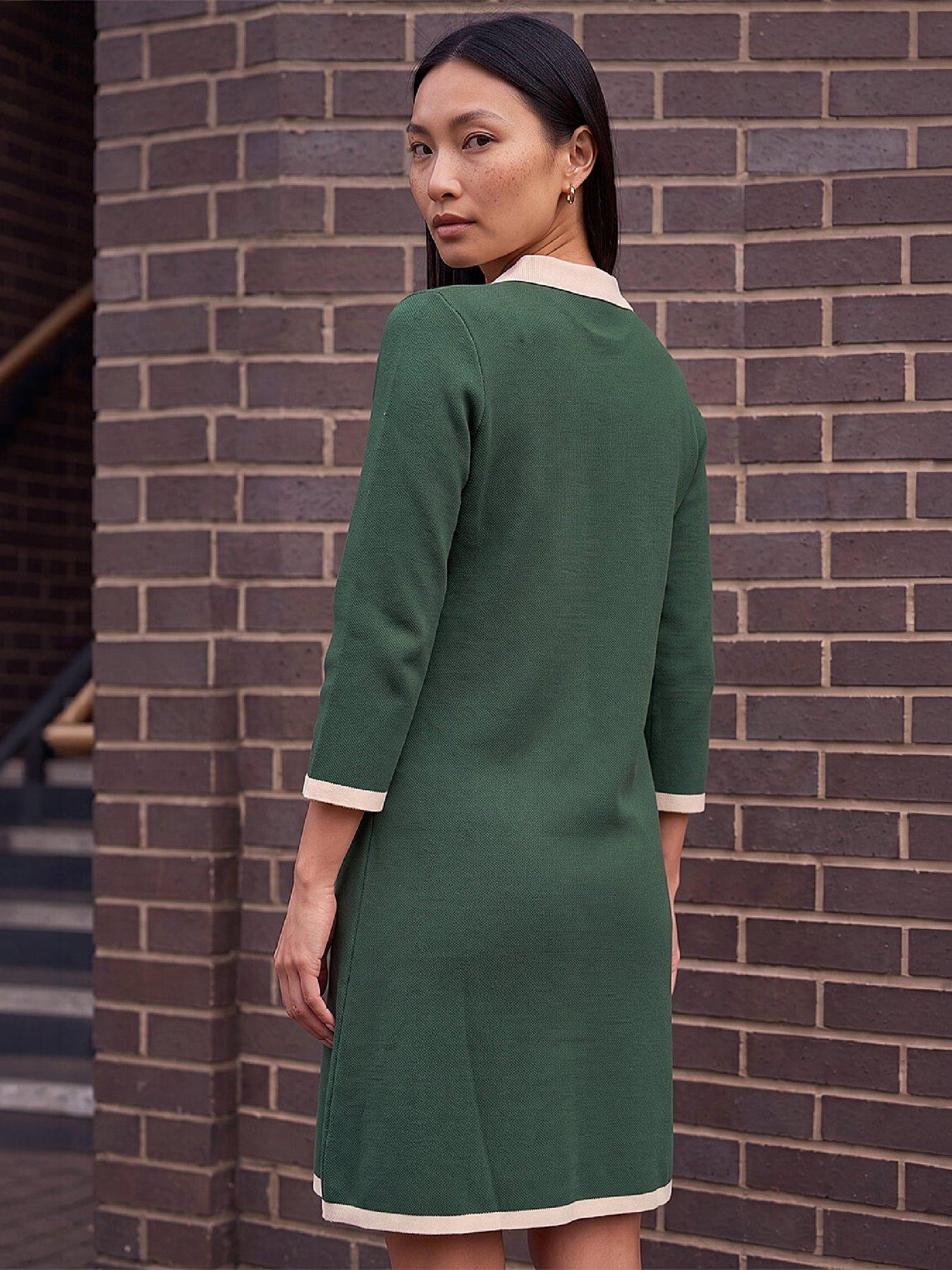 Image 3 of 4 of Roman Womens Contrast Collar Button Knitted Dress - Green