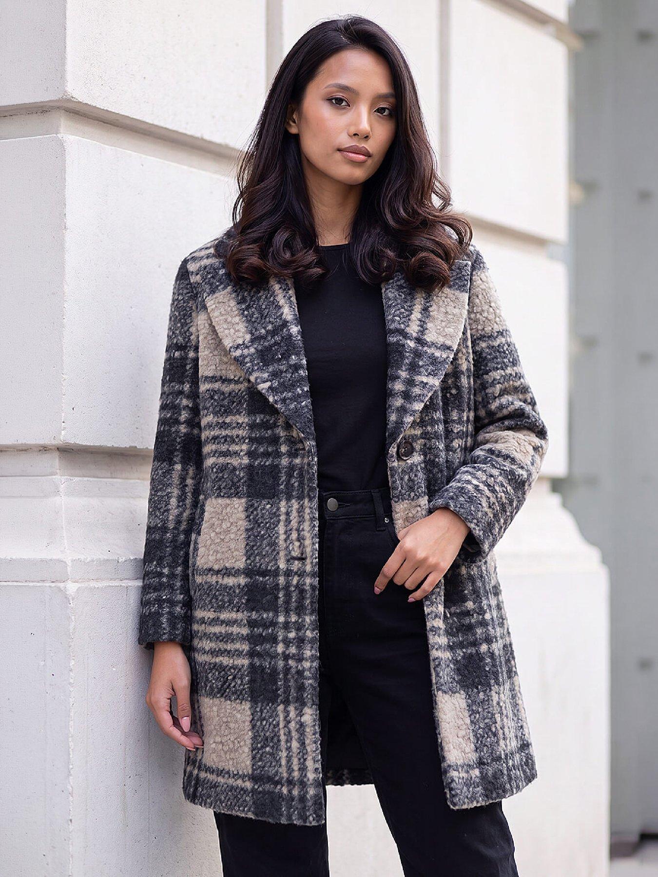 Image 1 of 4 of Roman Womens Petite Boucle Check Below Knee Coat - Multi