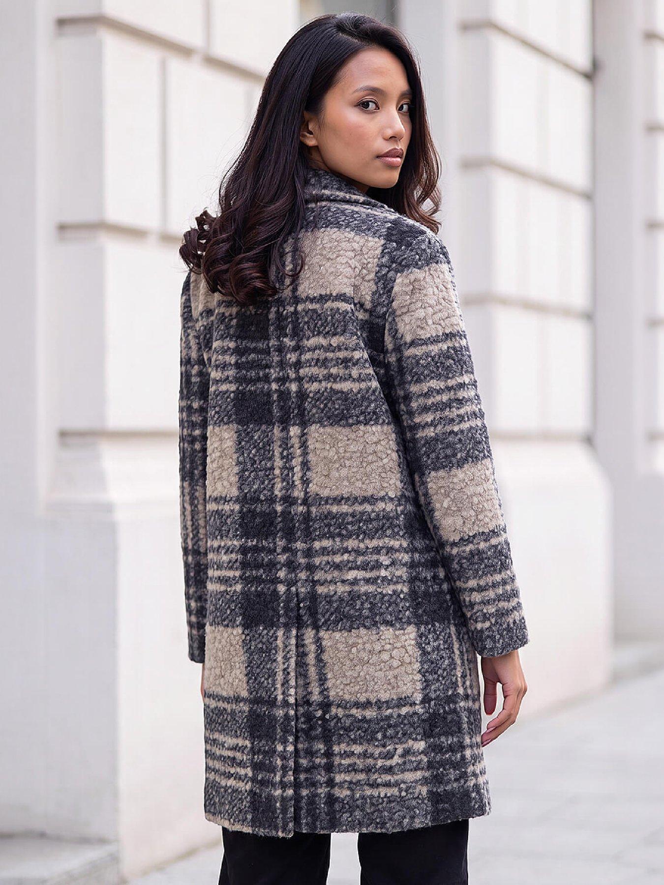 Image 2 of 4 of Roman Womens Petite Boucle Check Below Knee Coat - Multi