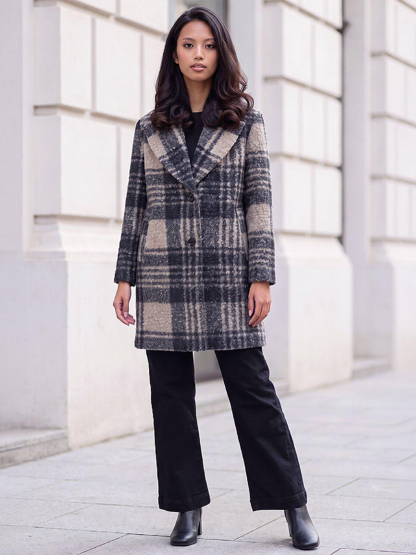Image 3 of 4 of Roman Womens Petite Boucle Check Below Knee Coat - Multi