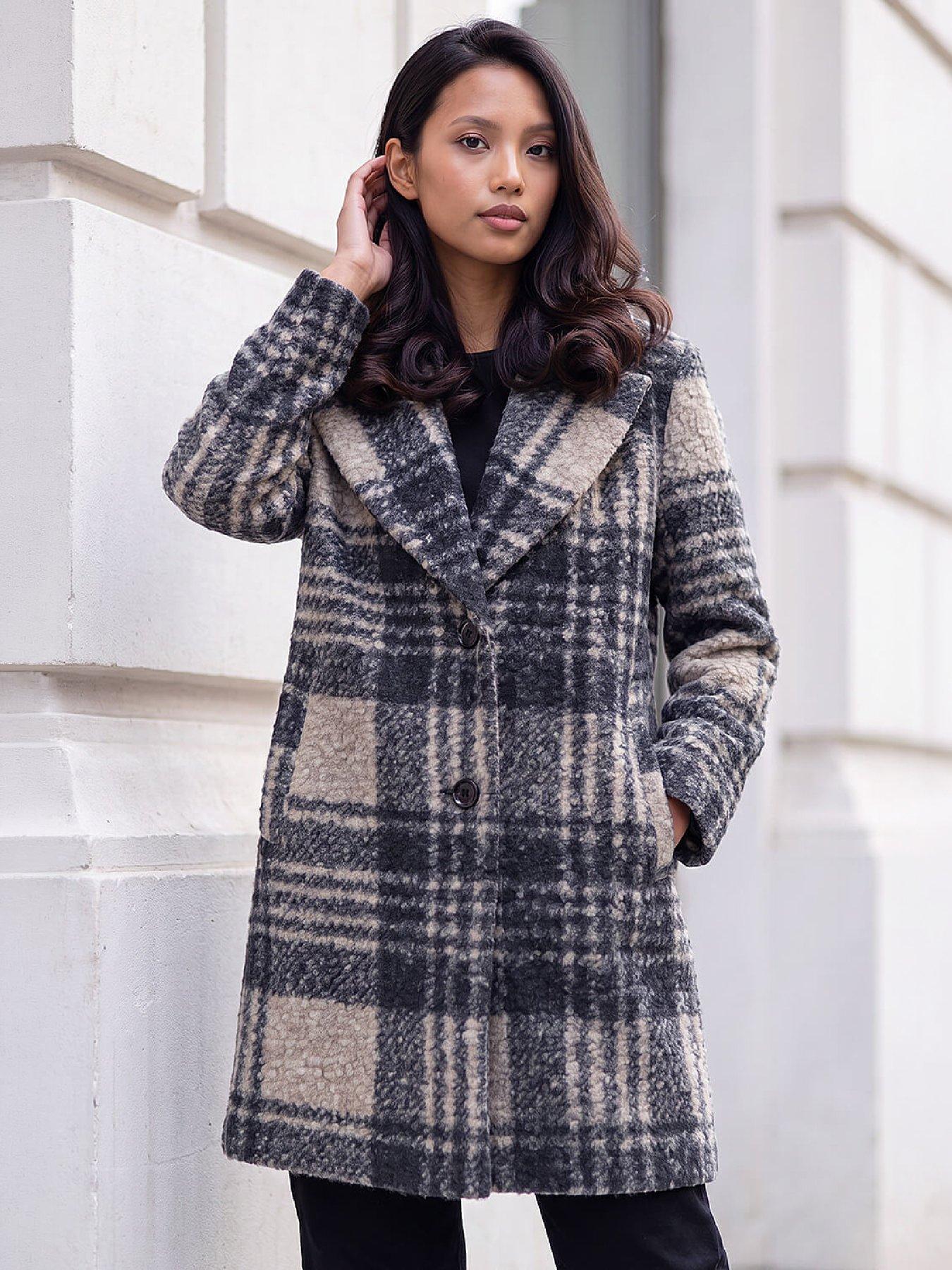 Image 4 of 4 of Roman Womens Petite Boucle Check Below Knee Coat - Multi