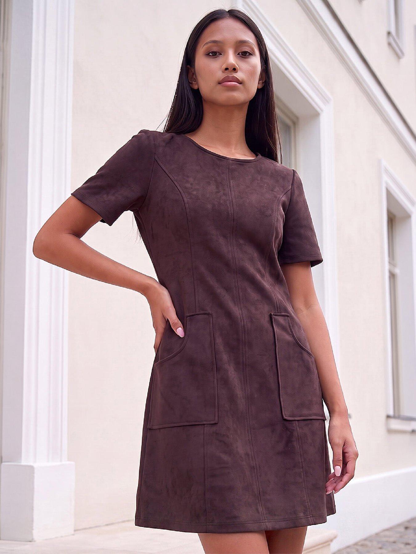Image 1 of 4 of Roman Petite Faux Suede Stitched Dress