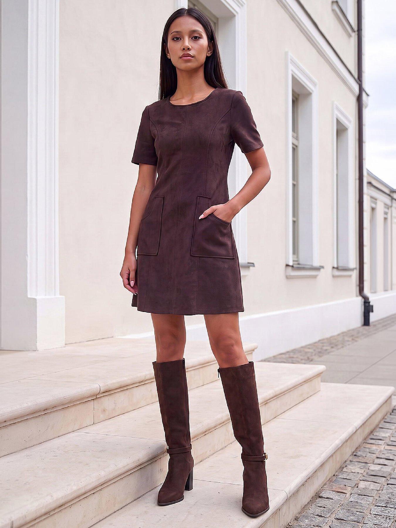 Image 4 of 4 of Roman Petite Faux Suede Stitched Dress