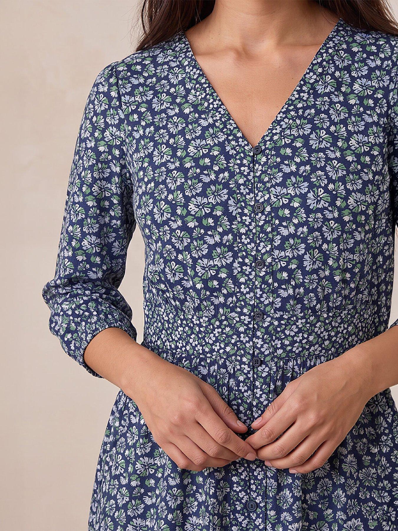 Image 2 of 4 of Roman Womens Petite Floral Print V Neck Midi Dress - Blue
