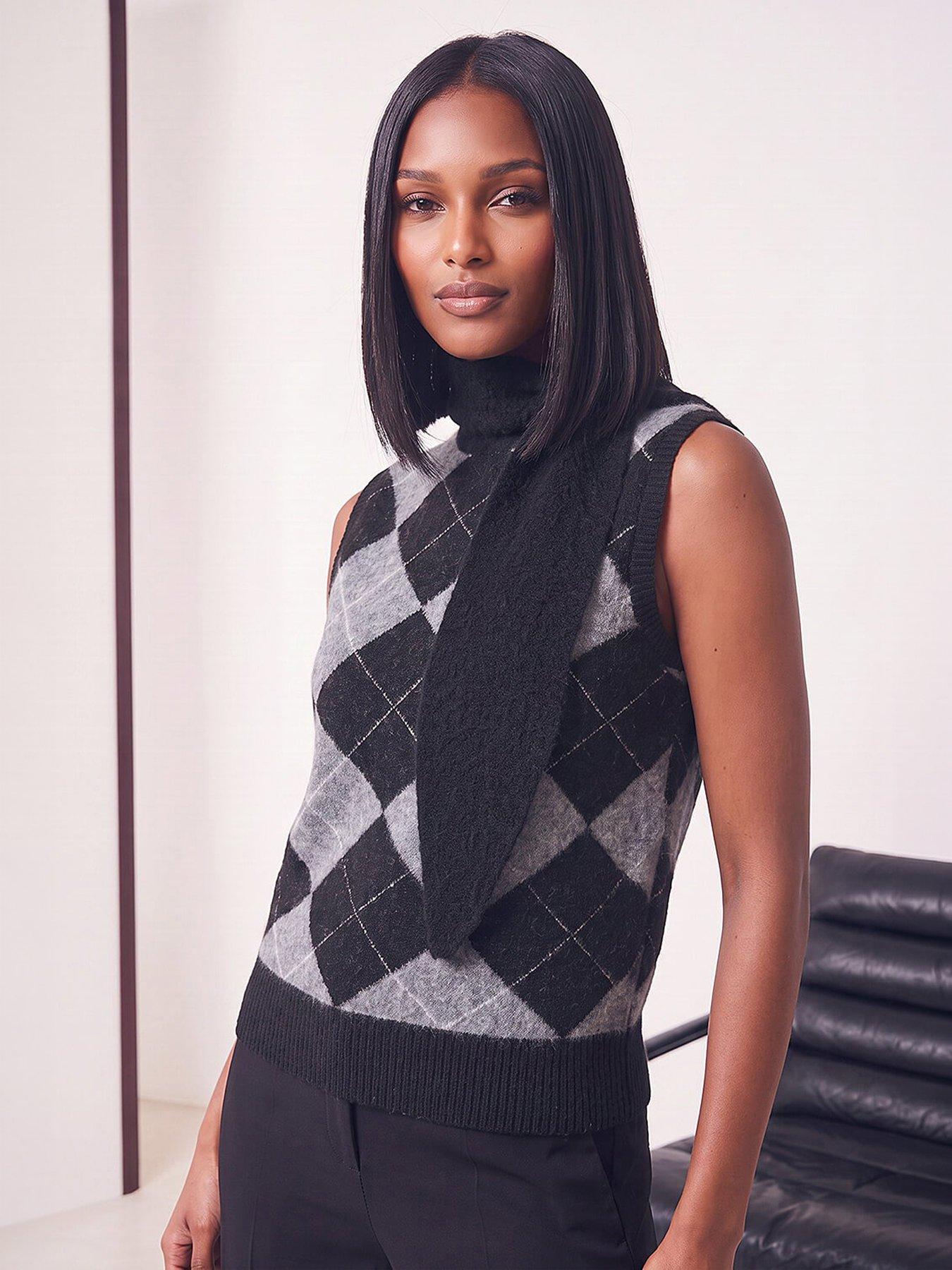 Image 4 of 4 of Roman Womens Scarf Detail Sleeveless Argyle Jumper - Black