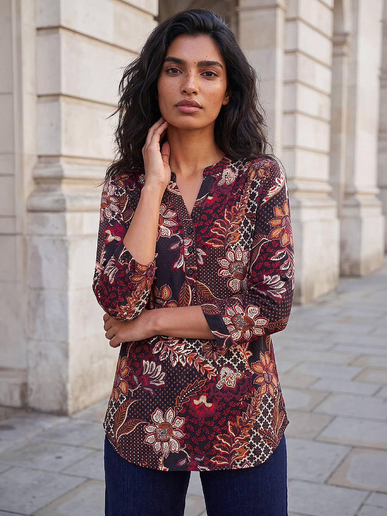 Image 1 of 3 of Roman Womens Floral Puff Print 3/4 Sleeve Shirt - Red