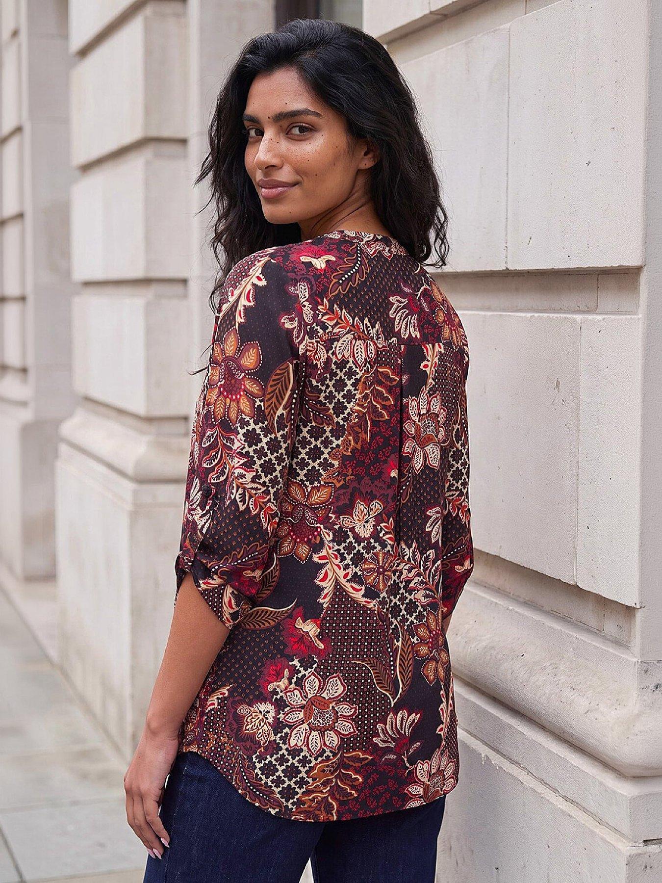 Image 2 of 3 of Roman Womens Floral Puff Print 3/4 Sleeve Shirt - Red