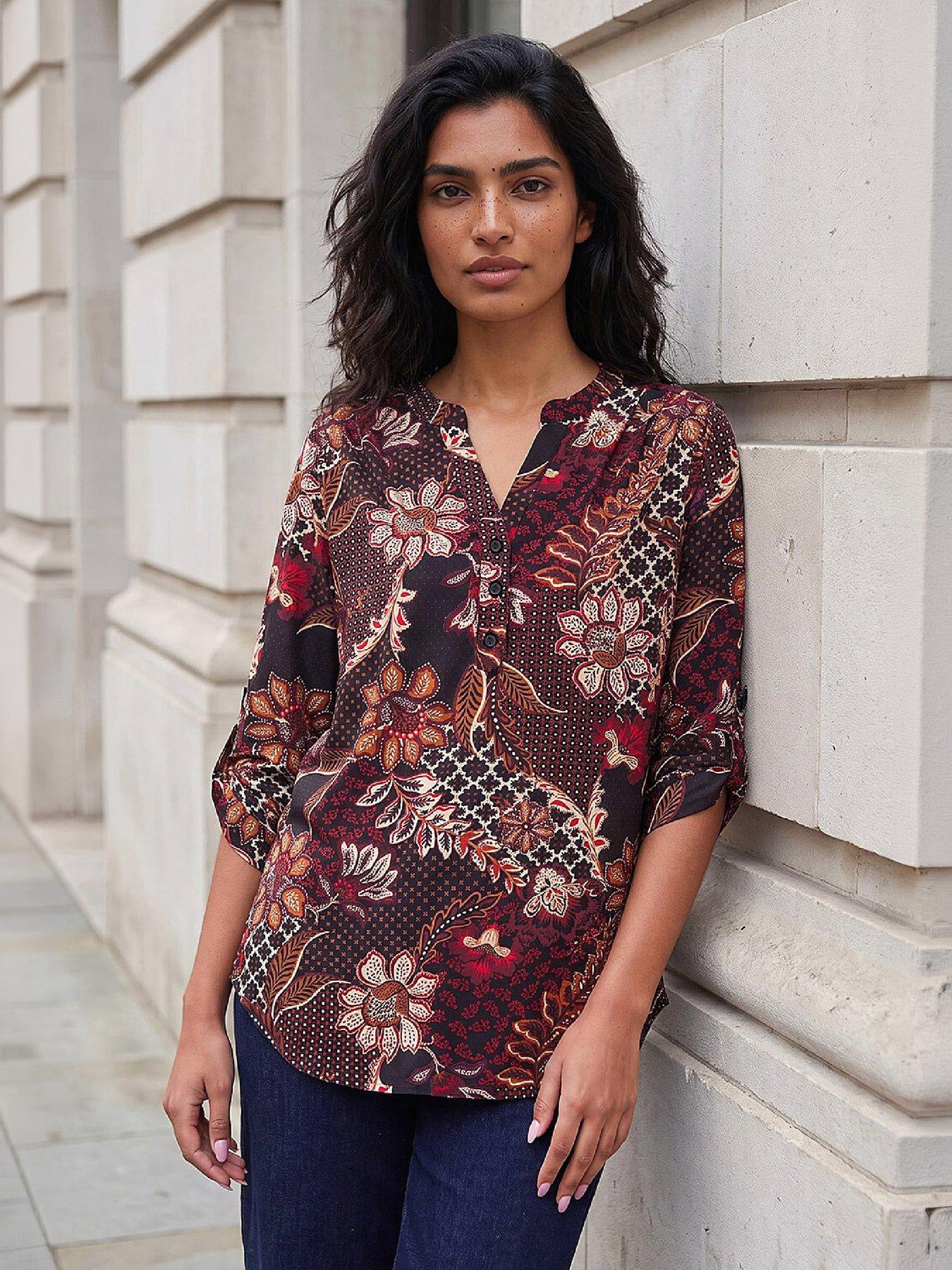 Image 3 of 3 of Roman Womens Floral Puff Print 3/4 Sleeve Shirt - Red