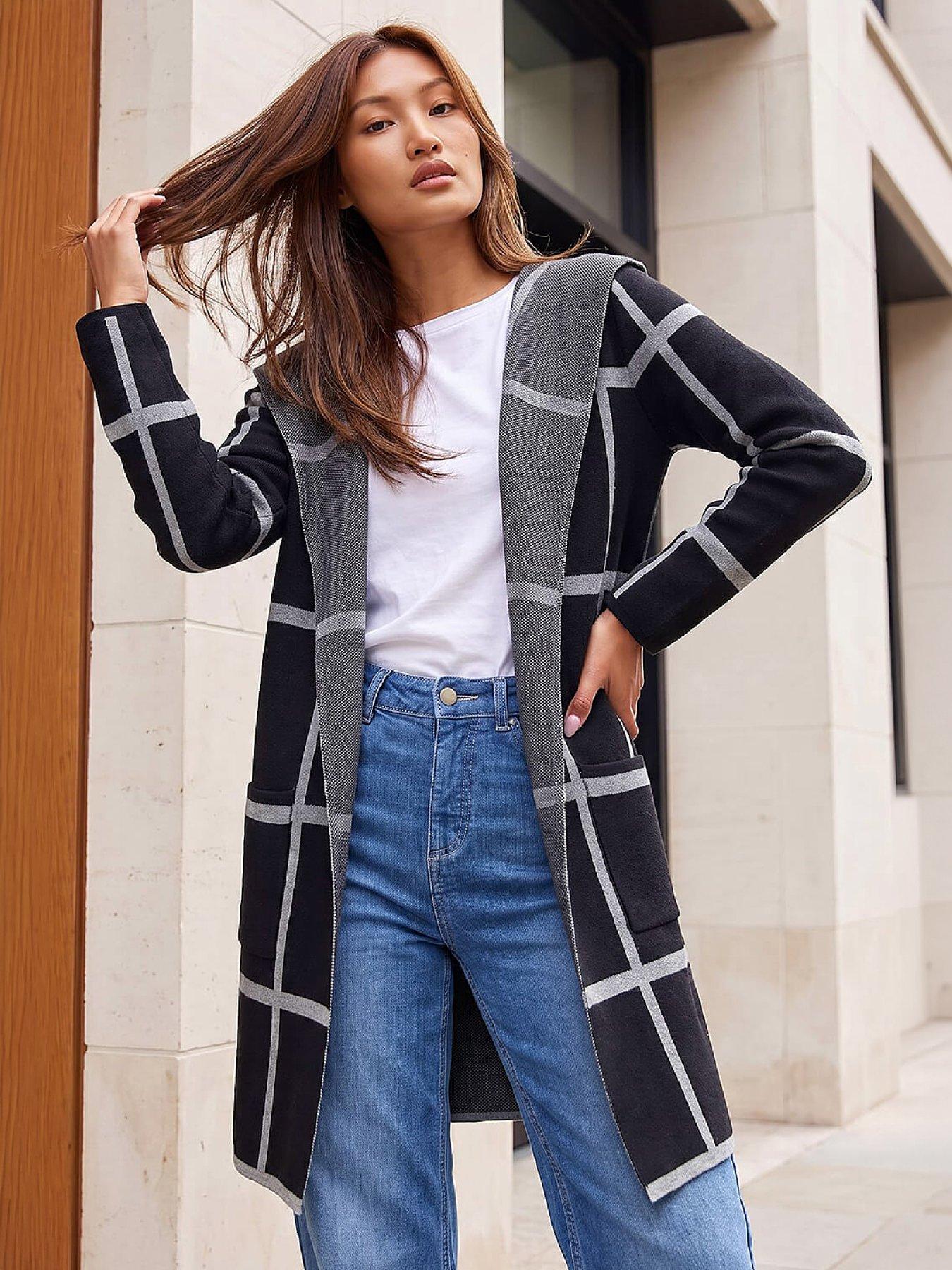 Image 1 of 4 of Roman Womens Longline Contrast Check Cardigan - Black
