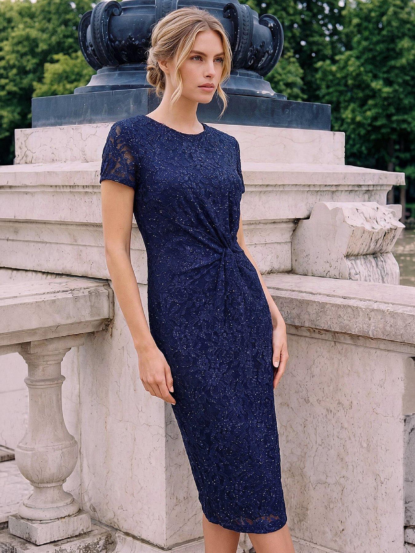 Image 1 of 4 of Roman Womens Twist Waist Sparkle Lace Midi Dress - Navy