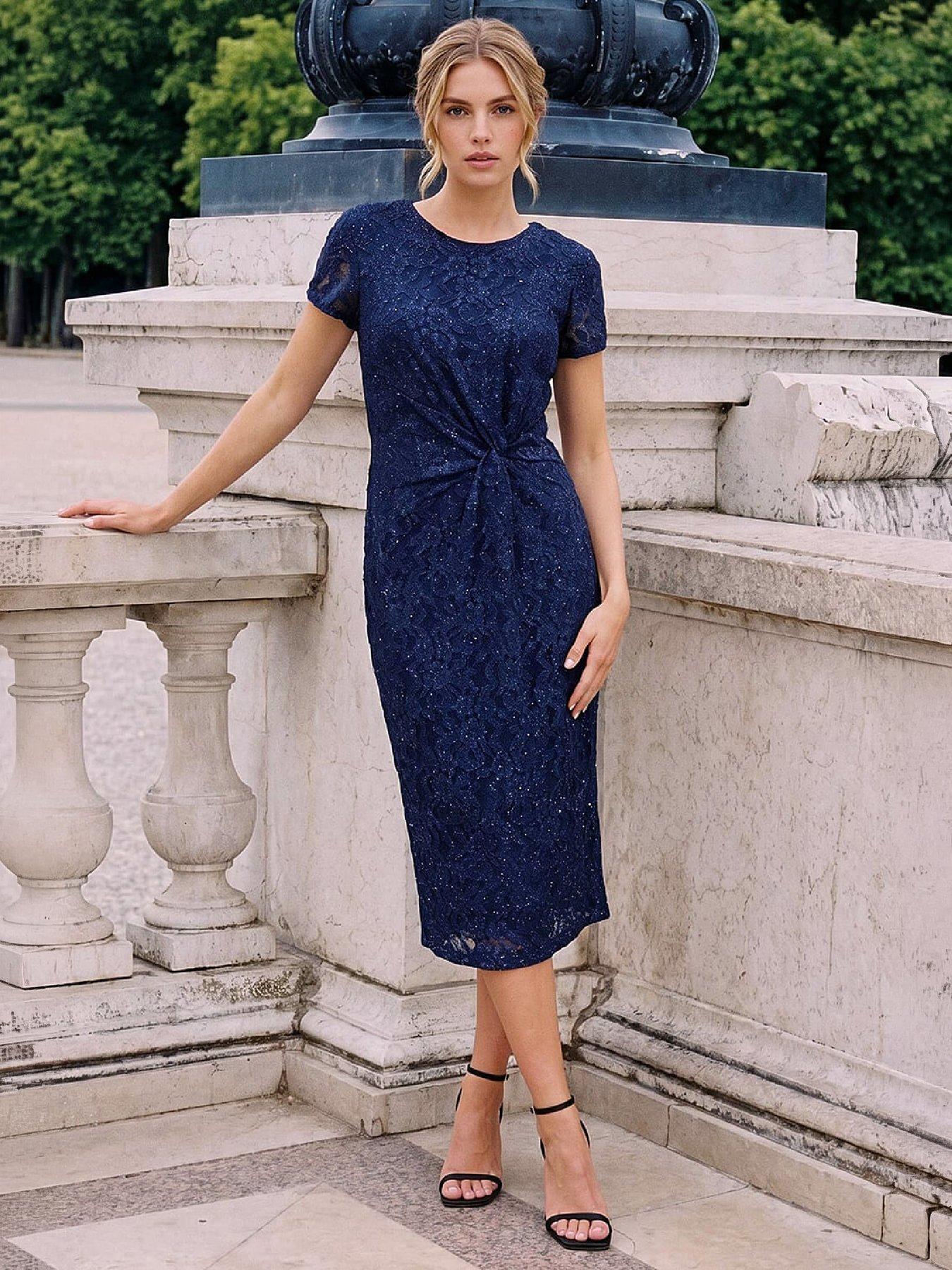 Image 4 of 4 of Roman Womens Twist Waist Sparkle Lace Midi Dress - Navy