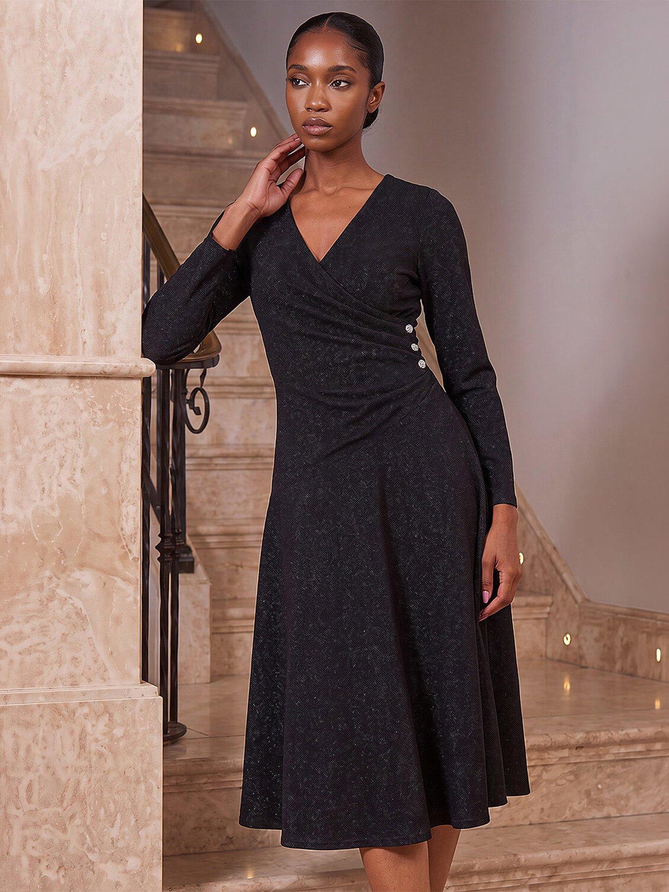 Image 1 of 4 of Roman Womens Petite Shimmer Wrap Button Midi Dress - Black