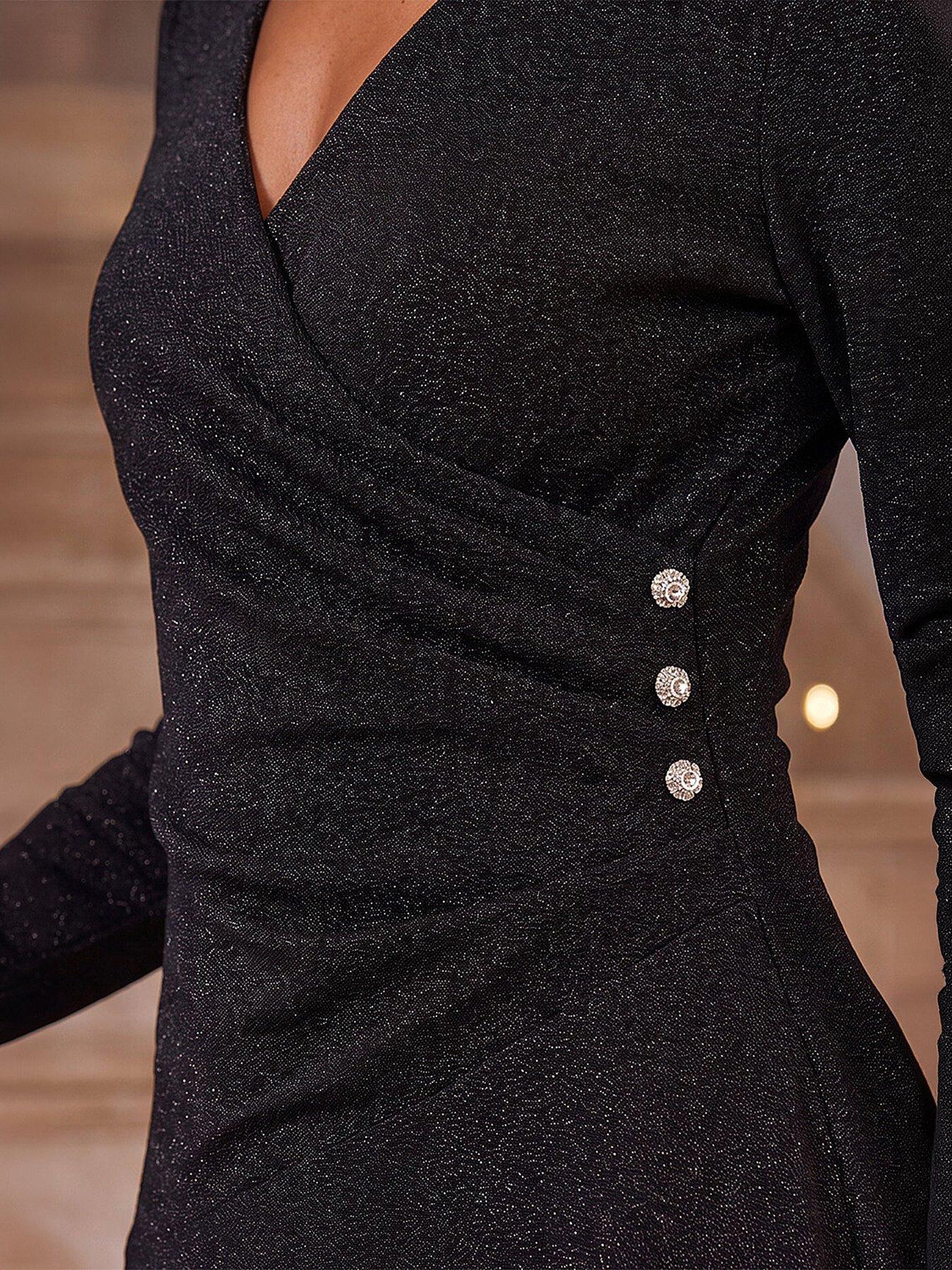 Image 2 of 4 of Roman Womens Petite Shimmer Wrap Button Midi Dress - Black