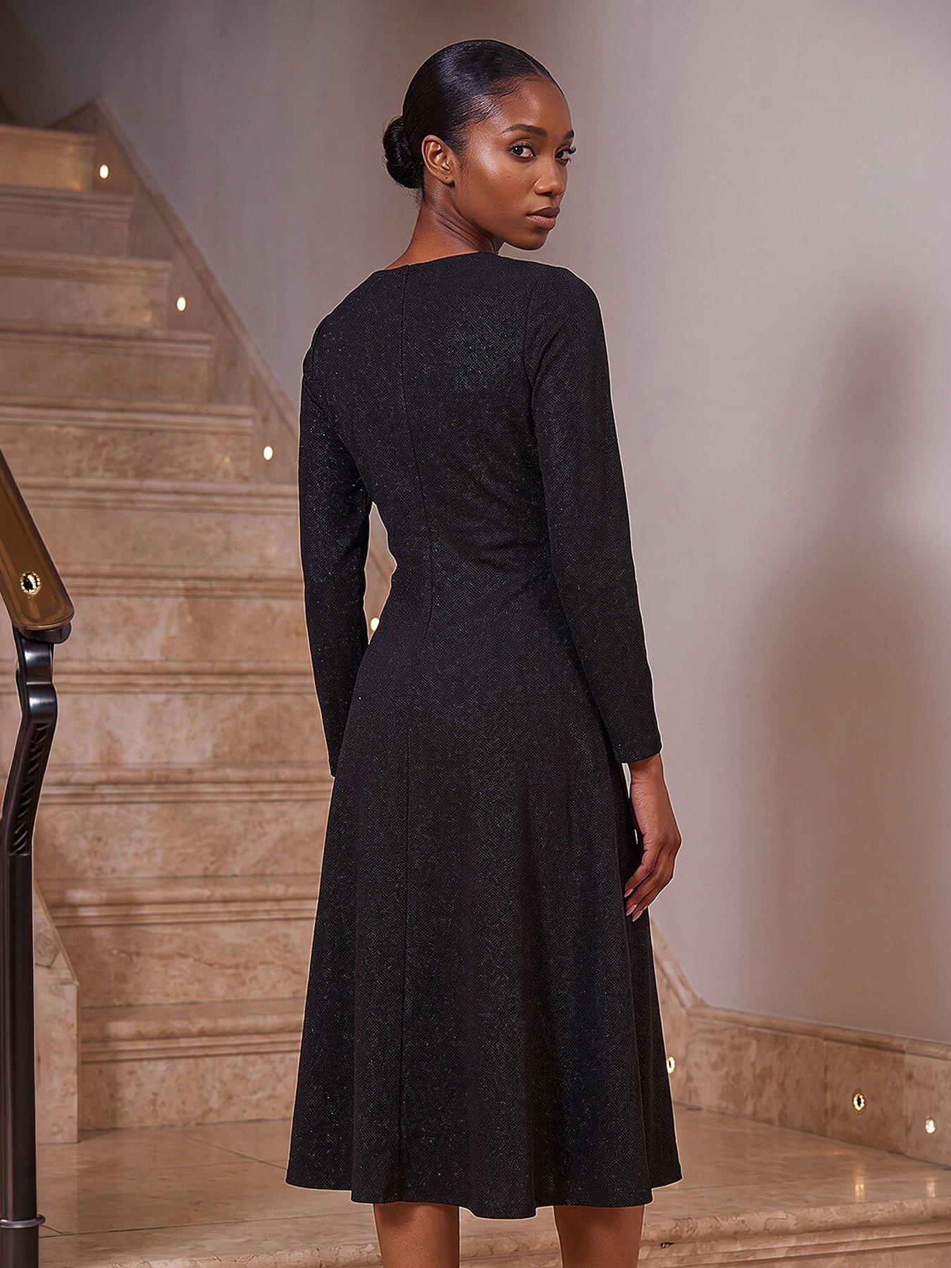 Image 3 of 4 of Roman Womens Petite Shimmer Wrap Button Midi Dress - Black