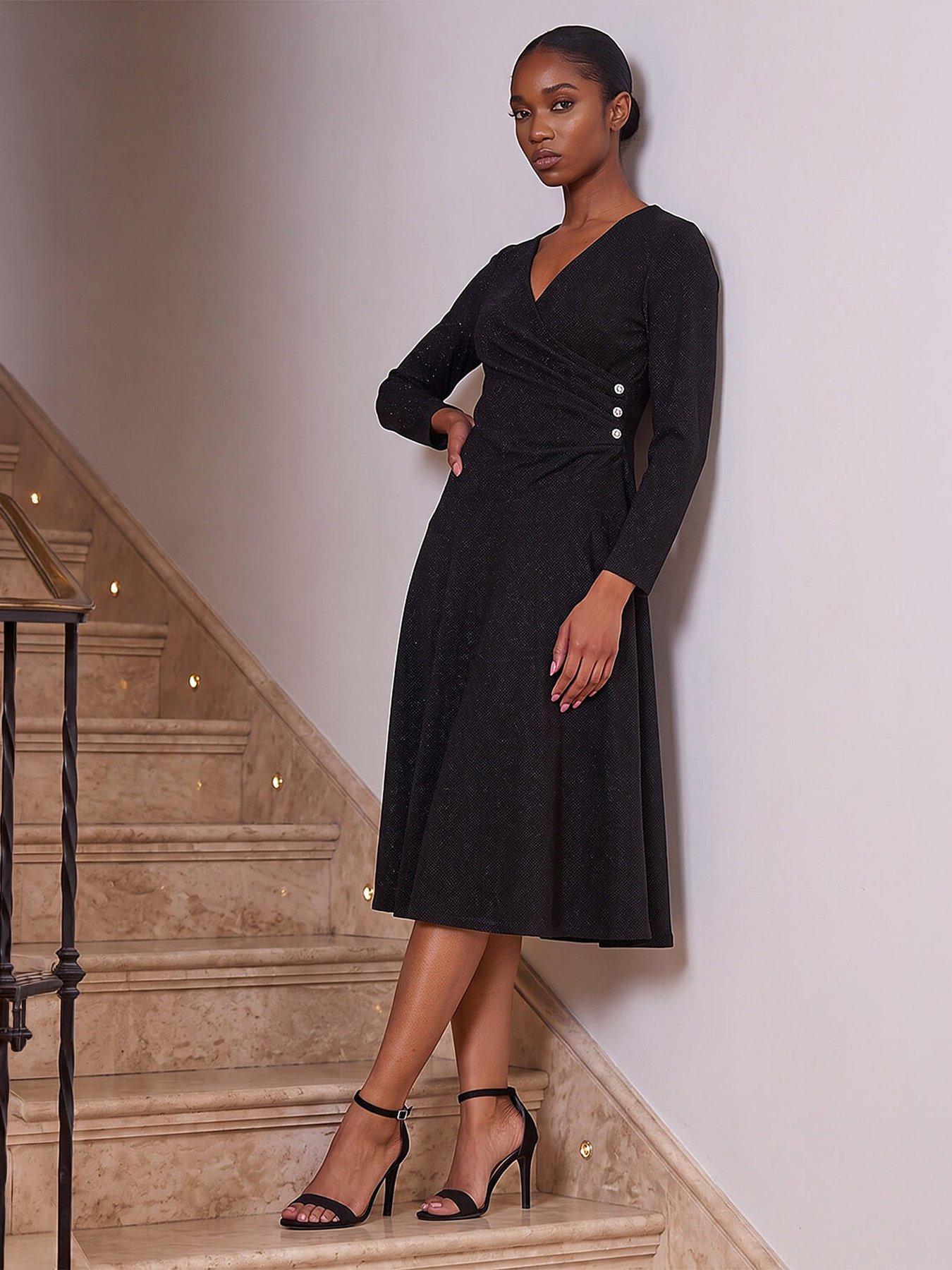 Image 4 of 4 of Roman Womens Petite Shimmer Wrap Button Midi Dress - Black