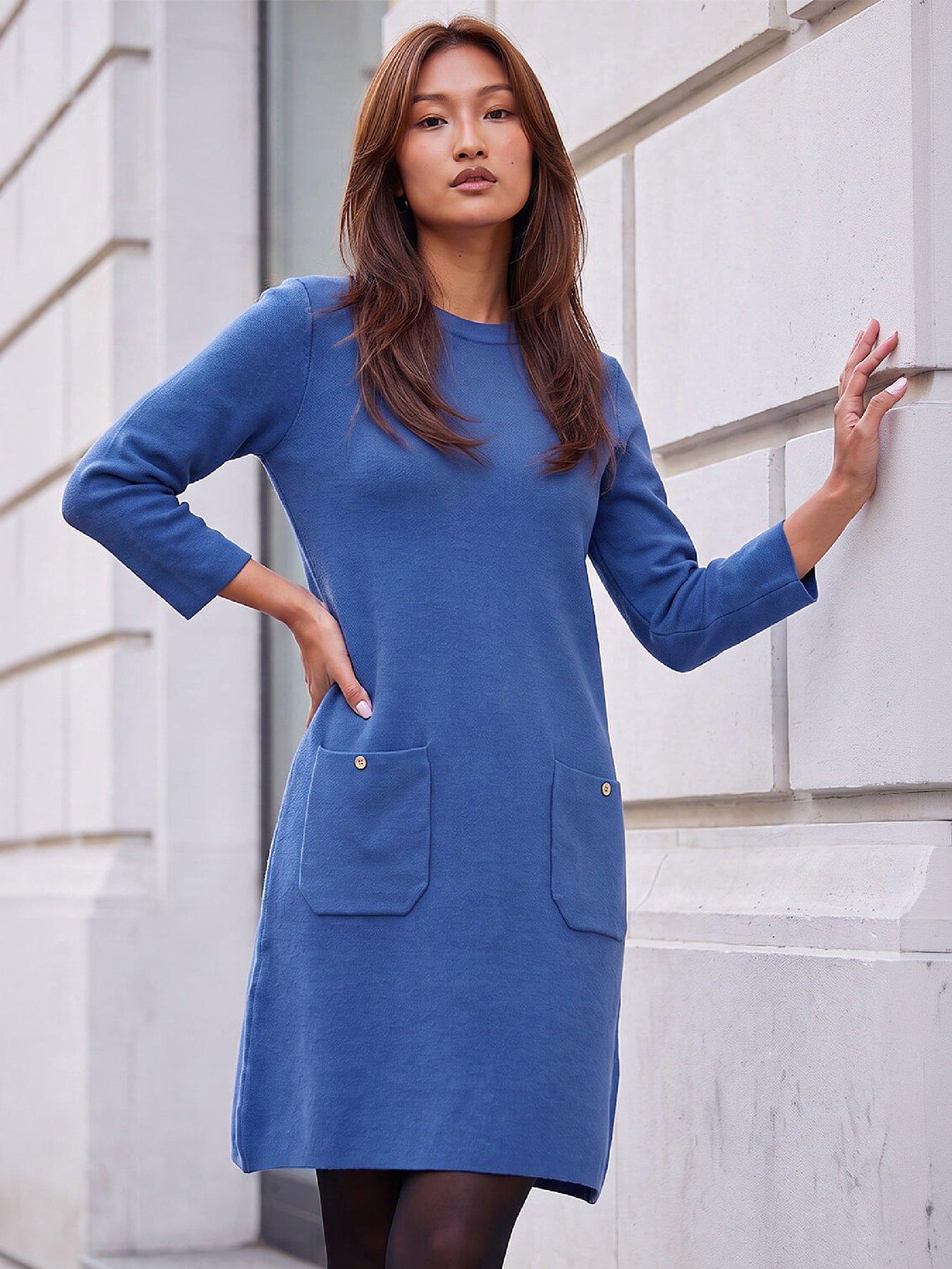 Image 1 of 4 of Roman Womens Patch Pocket Soft Knit Knee Length Dress - Blue