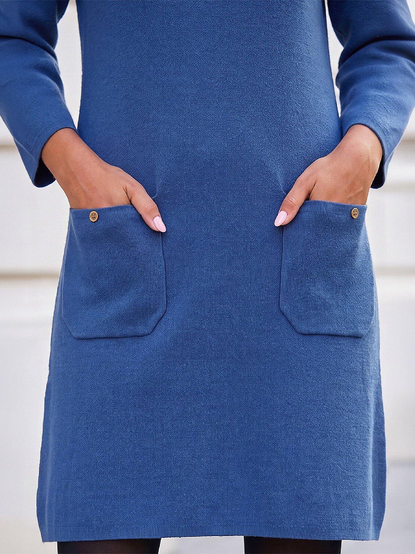 Image 2 of 4 of Roman Womens Patch Pocket Soft Knit Knee Length Dress - Blue
