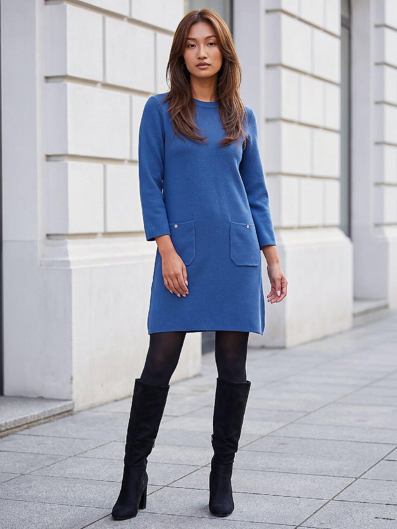 Image 4 of 4 of Roman Womens Patch Pocket Soft Knit Knee Length Dress - Blue