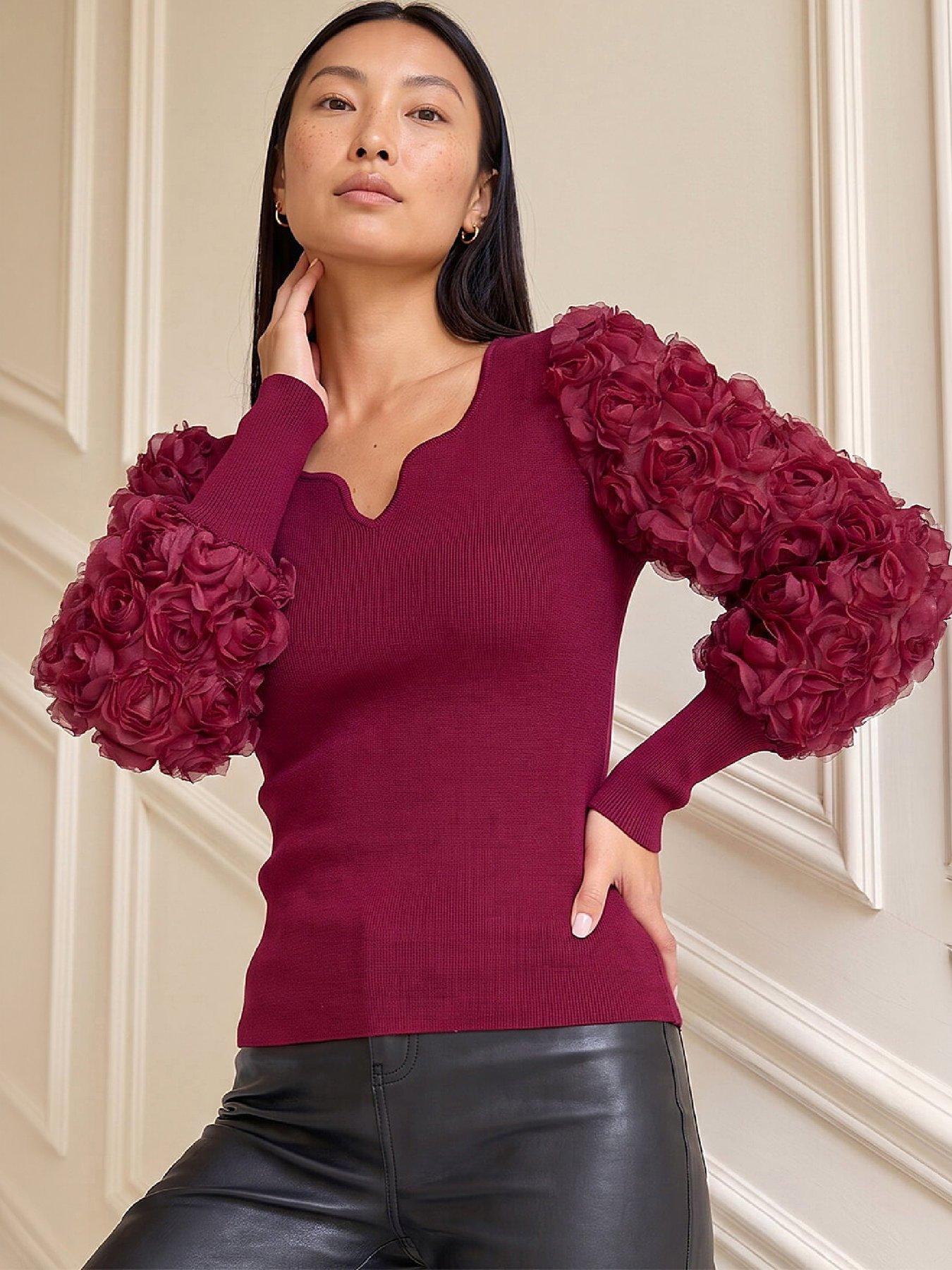 Image 1 of 4 of Roman Womens Ribbed Lace Sleeve Notch Neck Blouse - Red